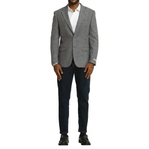 Men's Grey Tweed Blazer with White Dress Shirt and Dark Denim Ensemble