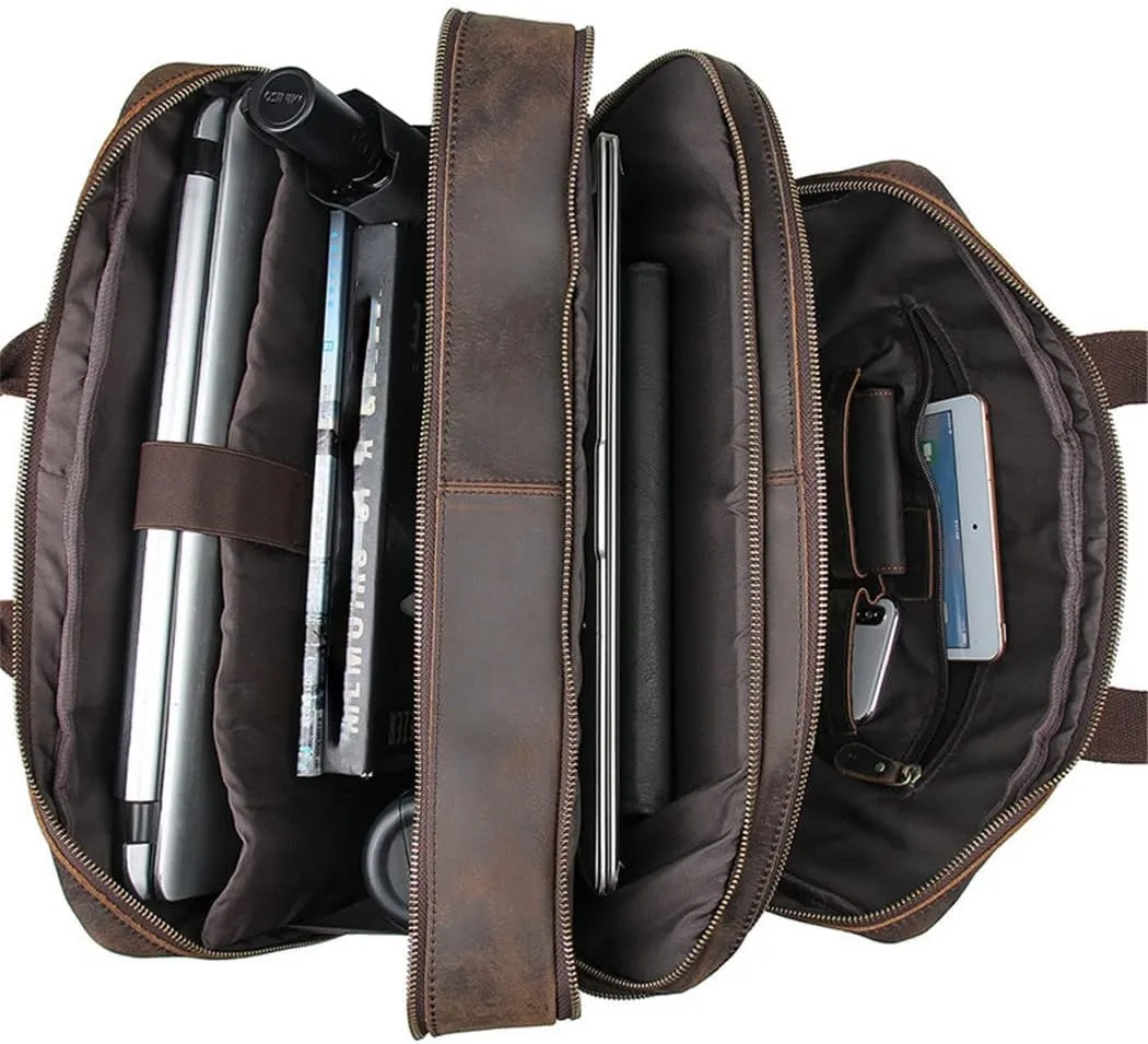Mens Vintage Leather Briefcase With Pockets Cowhide Bag Business Crazy Horse Laptop Bags