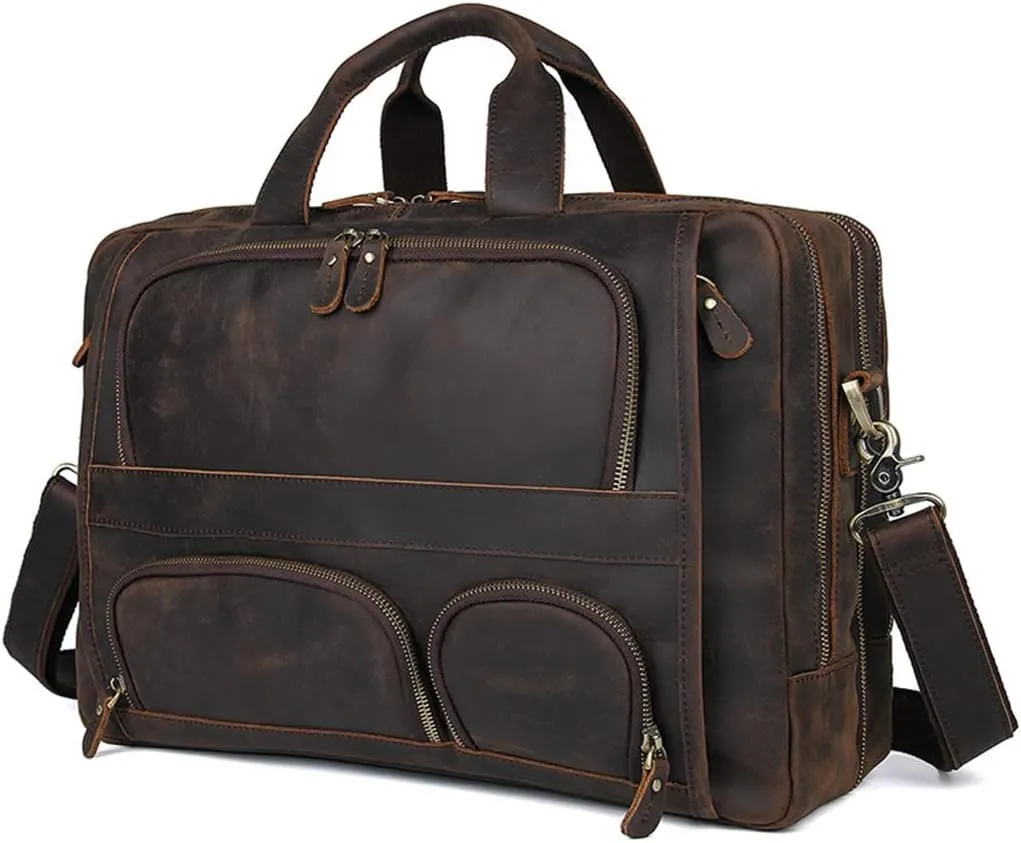 Mens Vintage Leather Briefcase With Pockets Cowhide Bag Business Crazy Horse Laptop Bags