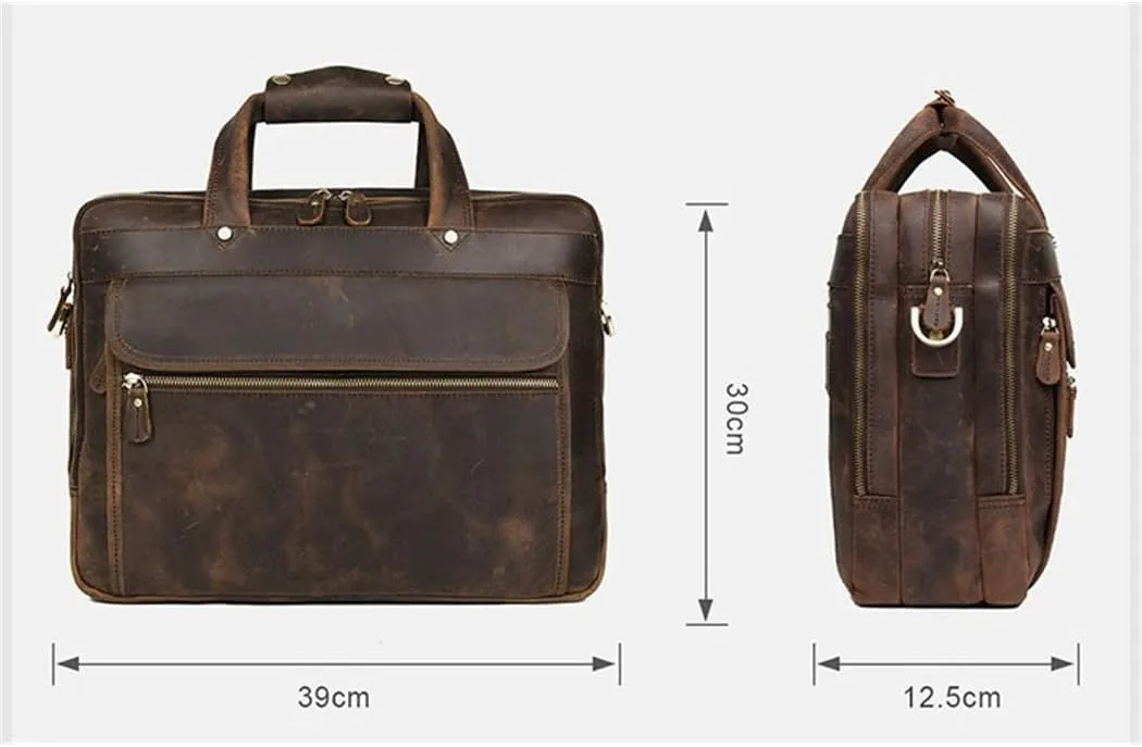 Mens Vintage Leather Briefcase With Pockets Cowhide Bag Business Crazy Horse Laptop Bags