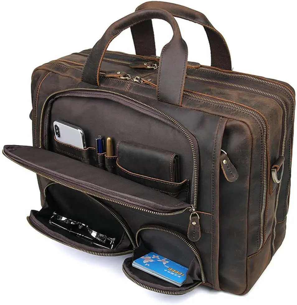 Mens Vintage Leather Briefcase With Pockets Cowhide Bag Business Crazy Horse Laptop Bags