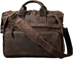 Mens Vintage Leather Briefcase With Pockets Cowhide Bag Business Crazy Horse Laptop Bags