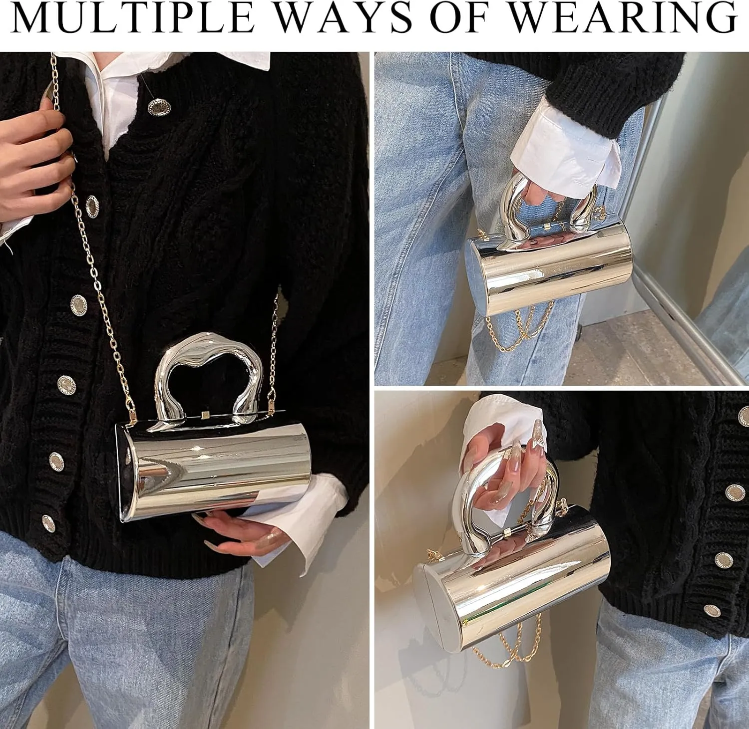 Metallic Purse, Unique Evening Bags with Chain Shoulder Strap Metallic Clutch Handbags for Women