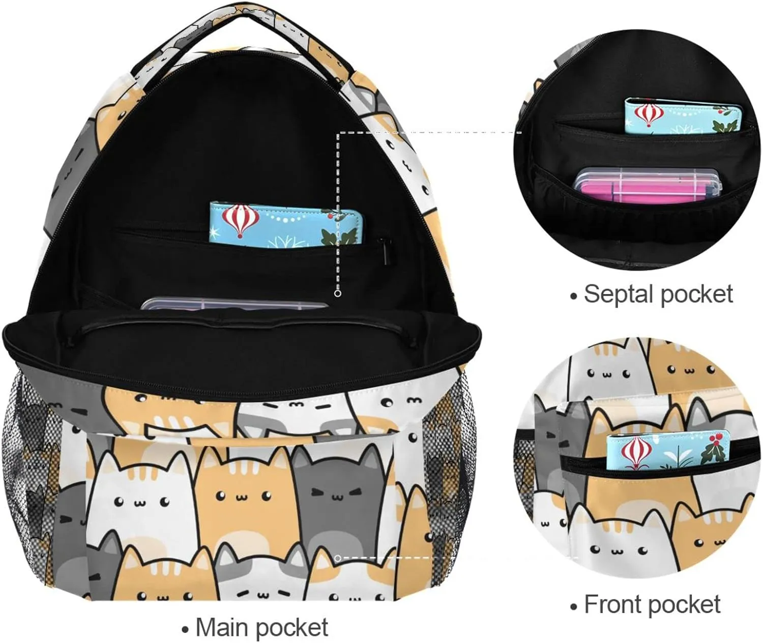 Miaoquhe Cute Cats Backpack for Girls Teenage, Cartoon Animal Backpacks Waterproof Durable School Backpack Personalized Laptop for Hiking Traveling Camping