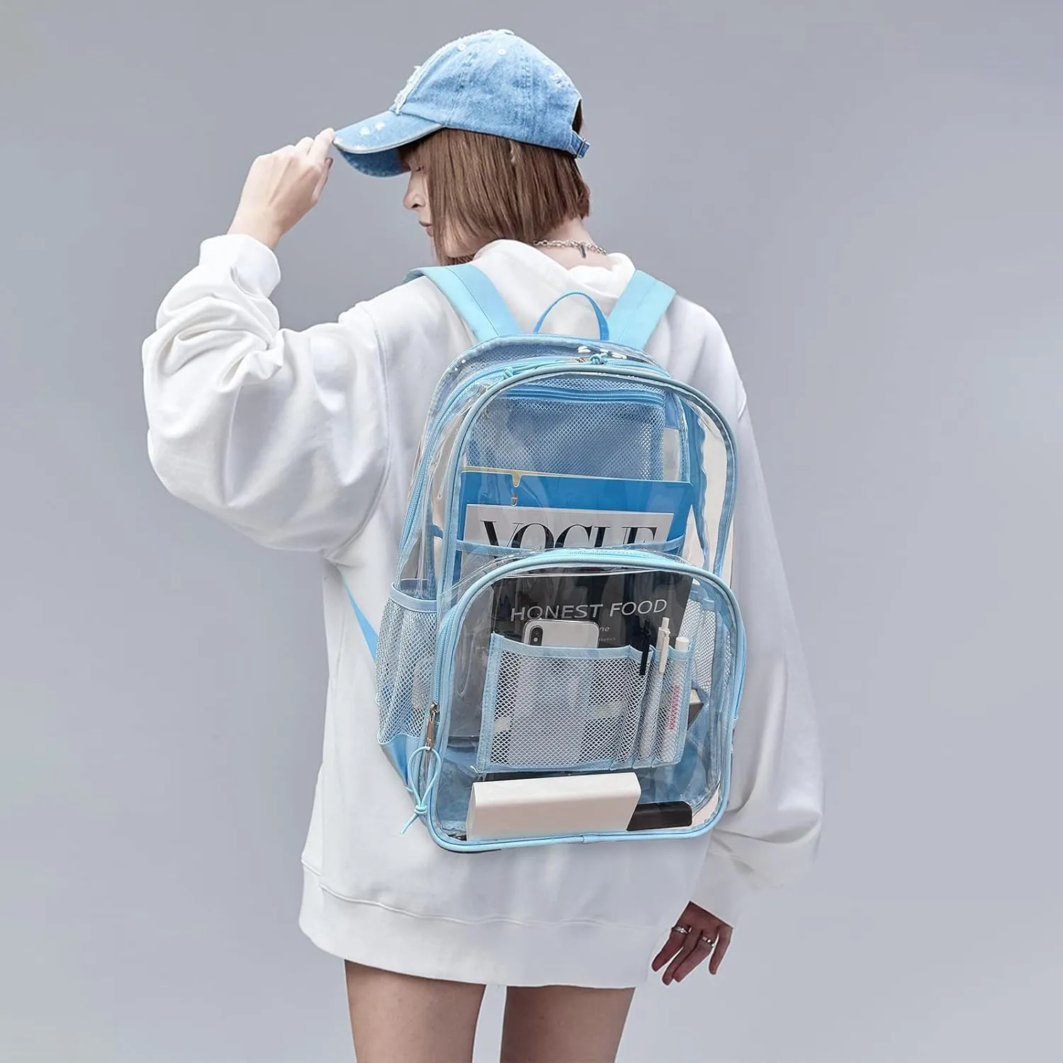 MIRLEWAIY School Backpack Heavy Duty Clear Backpacks Durable See Through Bag Stadium Approved Daypack for travel Campus, Baby Blue