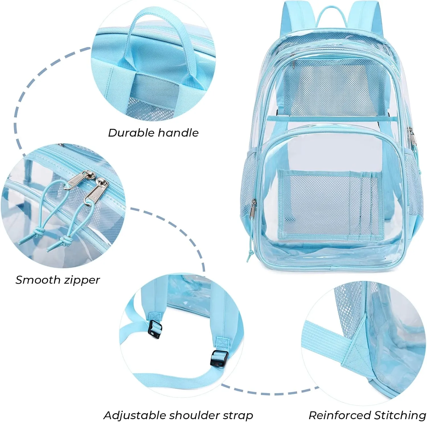 MIRLEWAIY School Backpack Heavy Duty Clear Backpacks Durable See Through Bag Stadium Approved Daypack for travel Campus, Baby Blue
