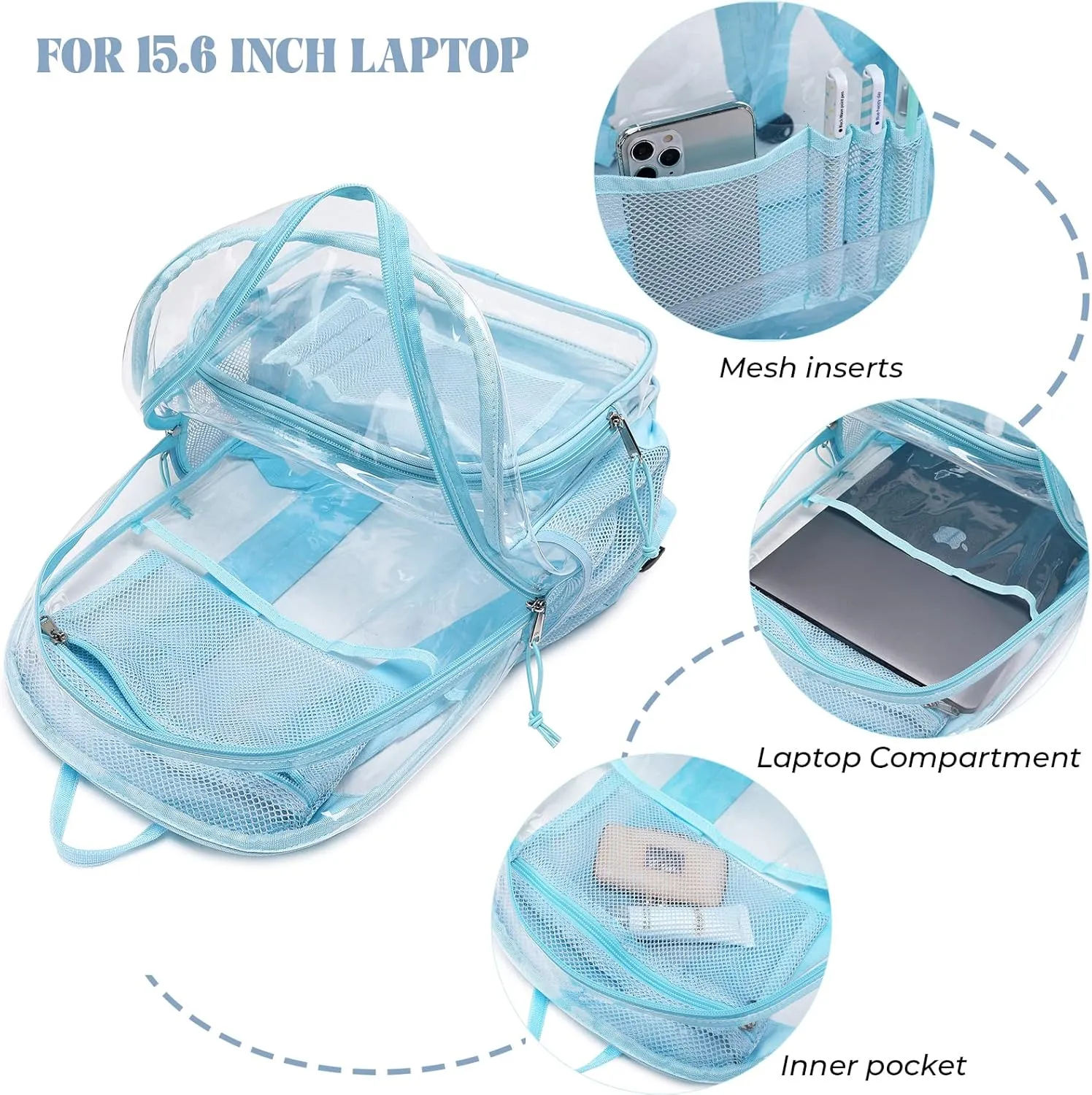 MIRLEWAIY School Backpack Heavy Duty Clear Backpacks Durable See Through Bag Stadium Approved Daypack for travel Campus, Baby Blue