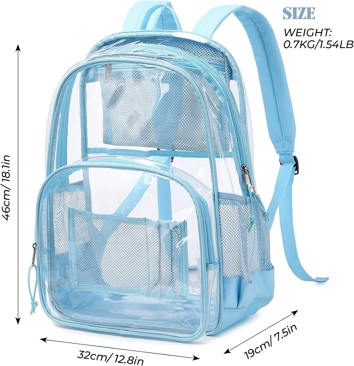 MIRLEWAIY School Backpack Heavy Duty Clear Backpacks Durable See Through Bag Stadium Approved Daypack for travel Campus, Baby Blue