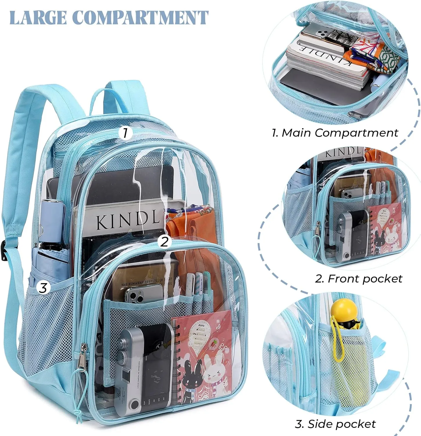 MIRLEWAIY School Backpack Heavy Duty Clear Backpacks Durable See Through Bag Stadium Approved Daypack for travel Campus, Baby Blue