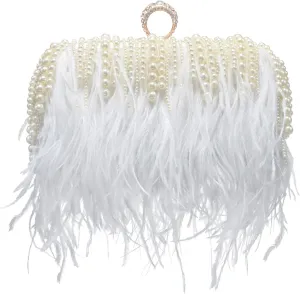 Miuco Ostrich Feather Pearl Clutch Purses For Women Wedding Party Evening Dress Bag Shoulder Bag