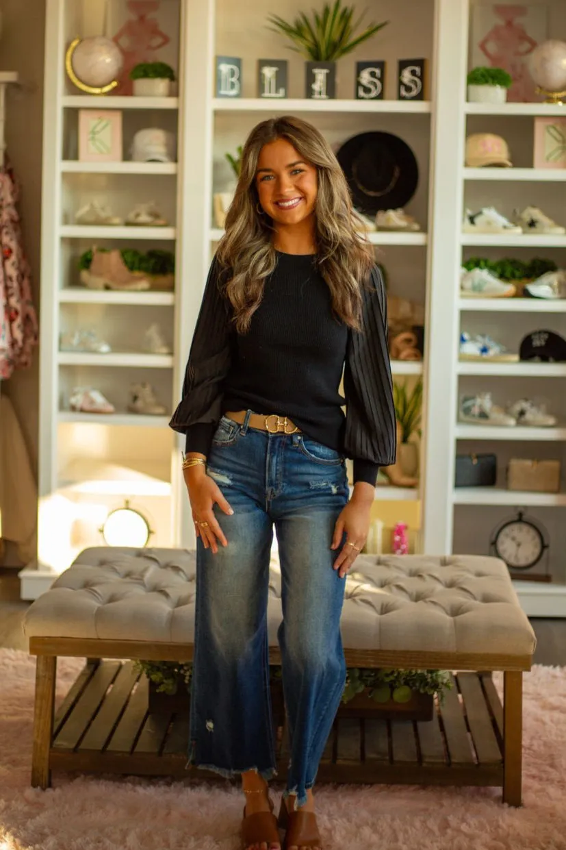 Mixed Media Pleated Sleeve Top