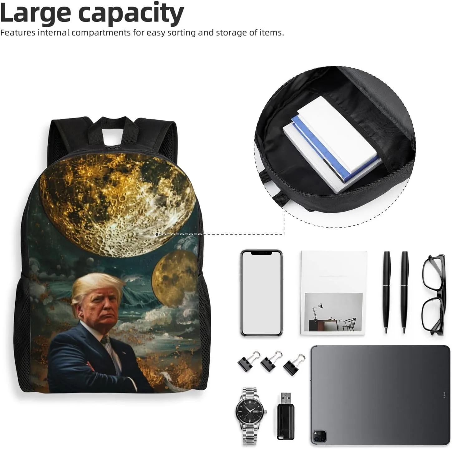 Moon Trump Backpack Waterproof Anti Theft Durable Light Laptop Bag Backpacks For Women Men Travel Gym Backpack