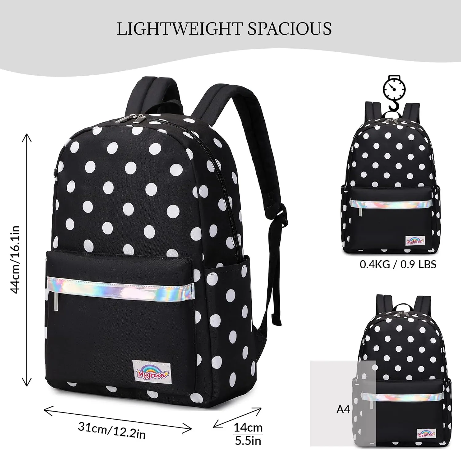 mygreen Kids School Bags for Boys Girls Polka Dot Elementary School Backpacks Kindergarten Bookbags Lightweight Durable Black