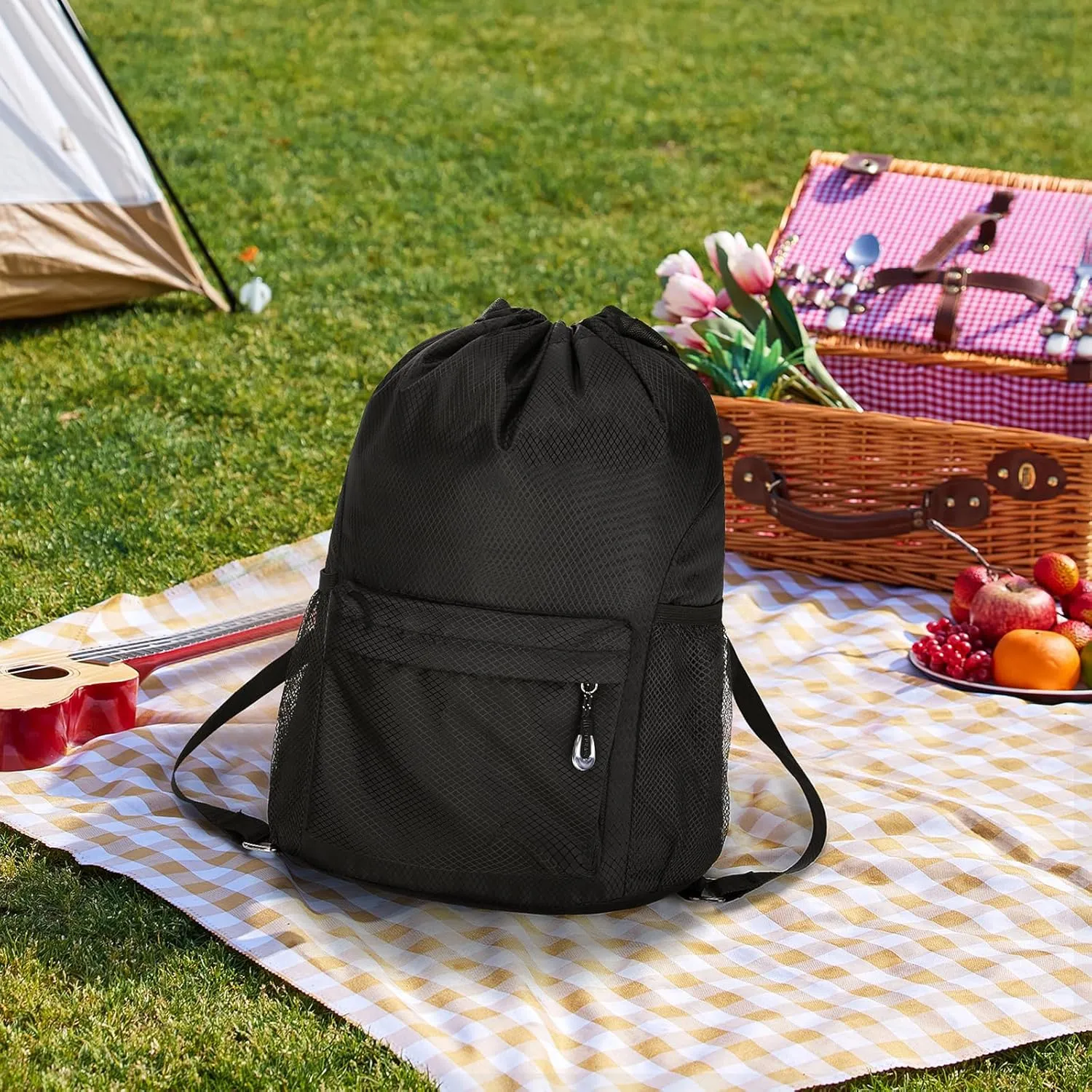 NATURAL STYLE Waterproof Drawstring Bag, Lightweight String Backpack with Water Bottle Holder and Pockets, Gym Sports Cinch Sackpack (Black)