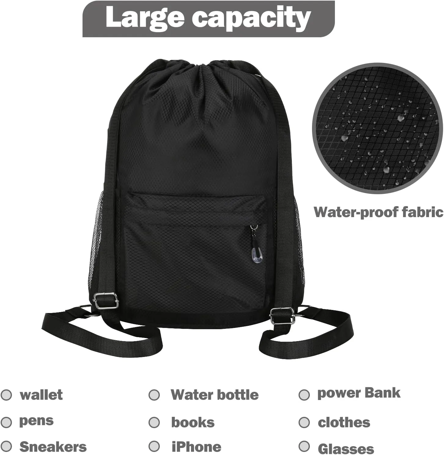 NATURAL STYLE Waterproof Drawstring Bag, Lightweight String Backpack with Water Bottle Holder and Pockets, Gym Sports Cinch Sackpack (Black)