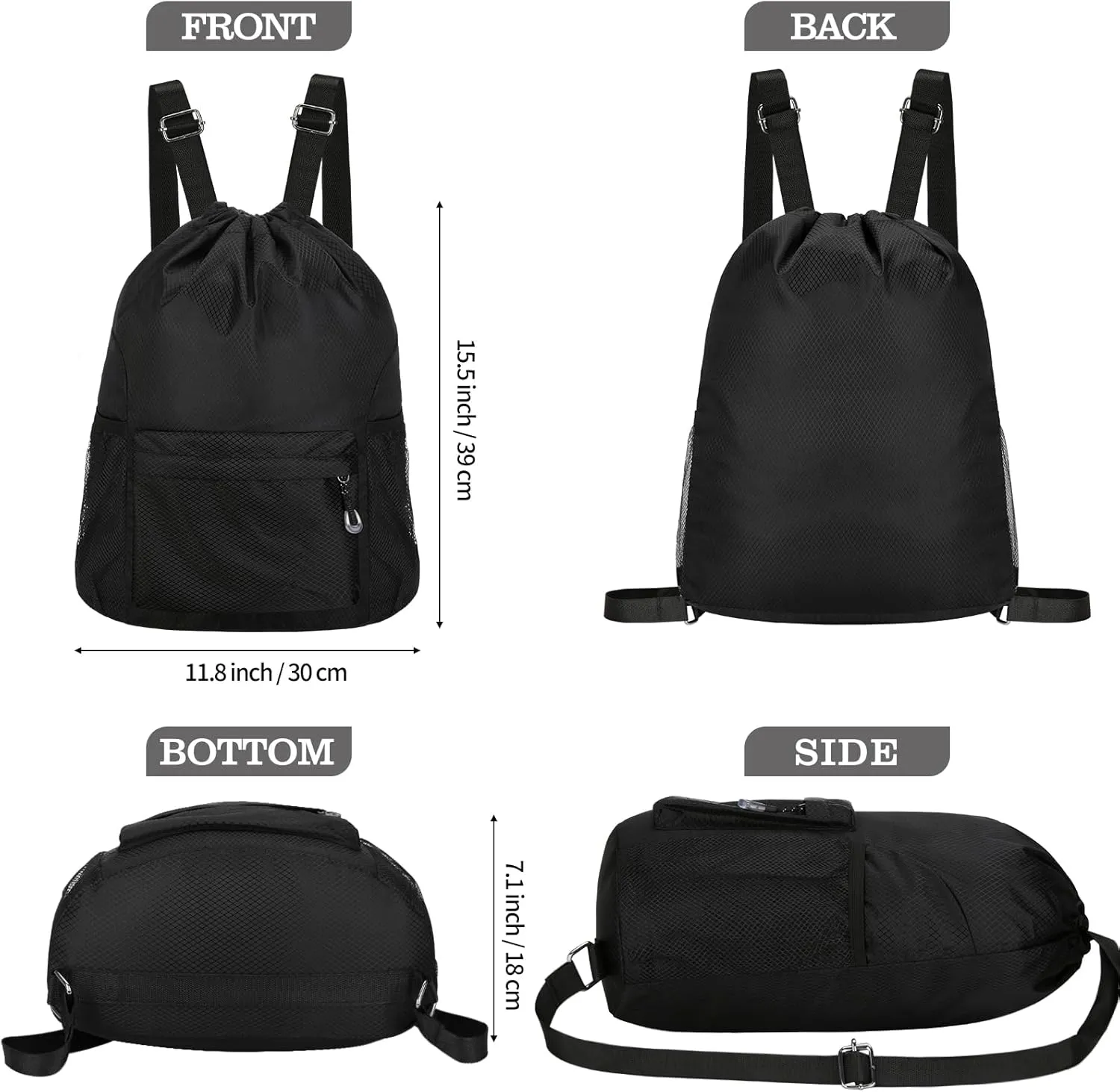 NATURAL STYLE Waterproof Drawstring Bag, Lightweight String Backpack with Water Bottle Holder and Pockets, Gym Sports Cinch Sackpack (Black)