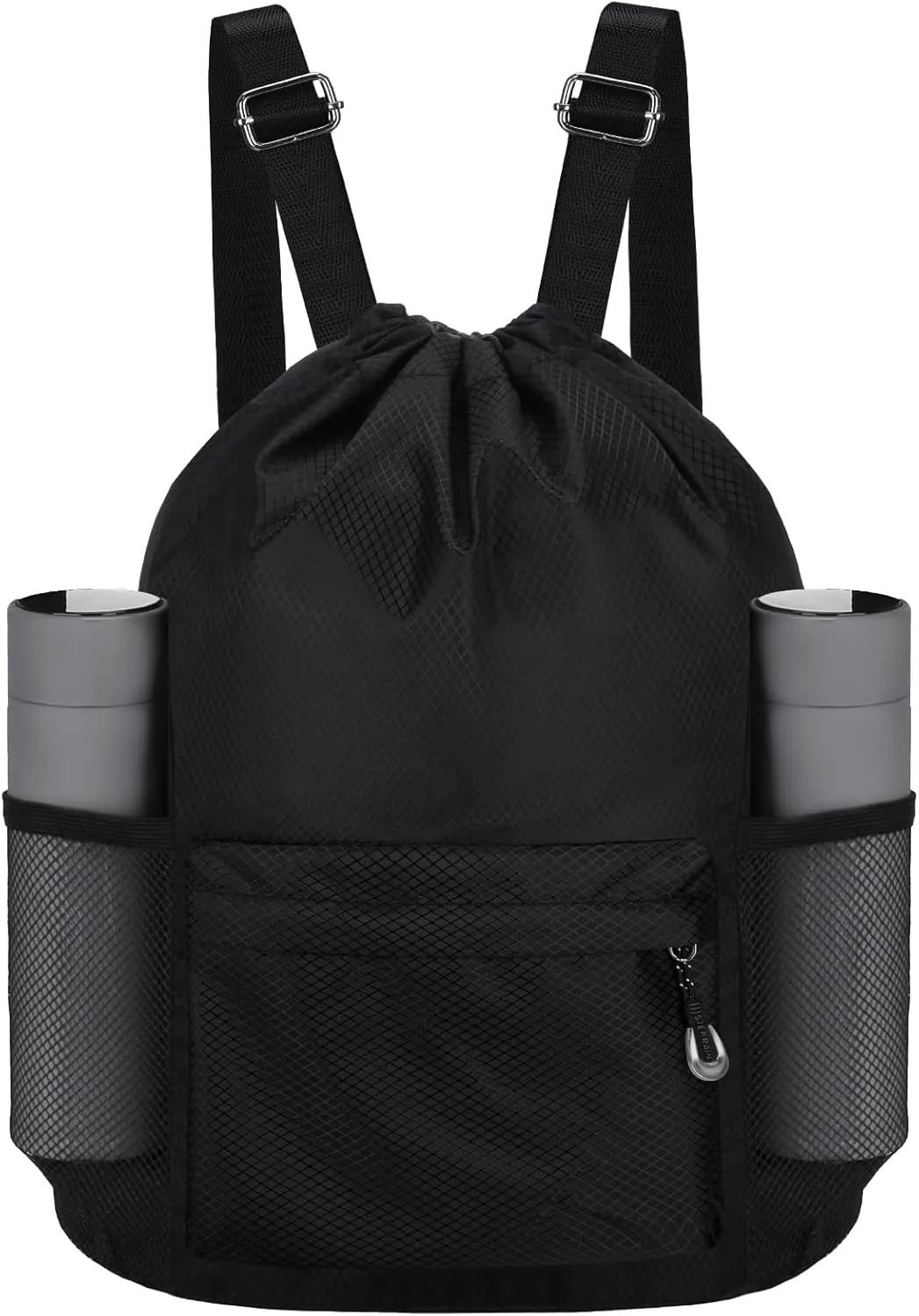 NATURAL STYLE Waterproof Drawstring Bag, Lightweight String Backpack with Water Bottle Holder and Pockets, Gym Sports Cinch Sackpack (Black)
