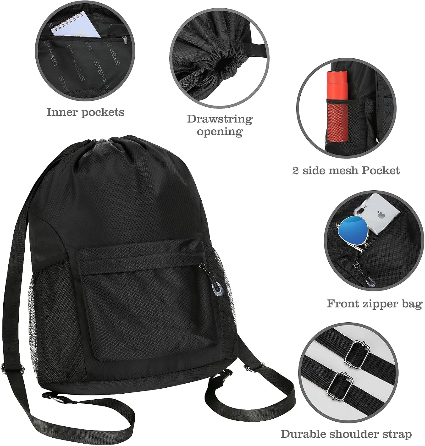 NATURAL STYLE Waterproof Drawstring Bag, Lightweight String Backpack with Water Bottle Holder and Pockets, Gym Sports Cinch Sackpack (Black)
