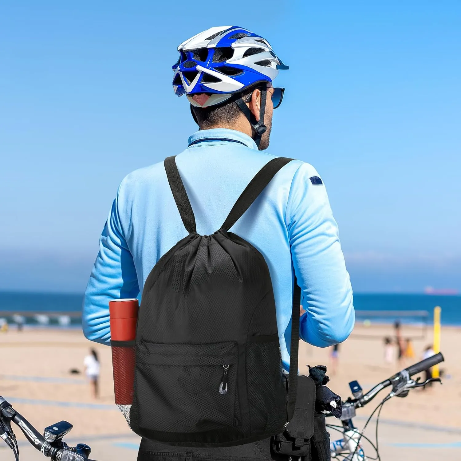 NATURAL STYLE Waterproof Drawstring Bag, Lightweight String Backpack with Water Bottle Holder and Pockets, Gym Sports Cinch Sackpack (Black)
