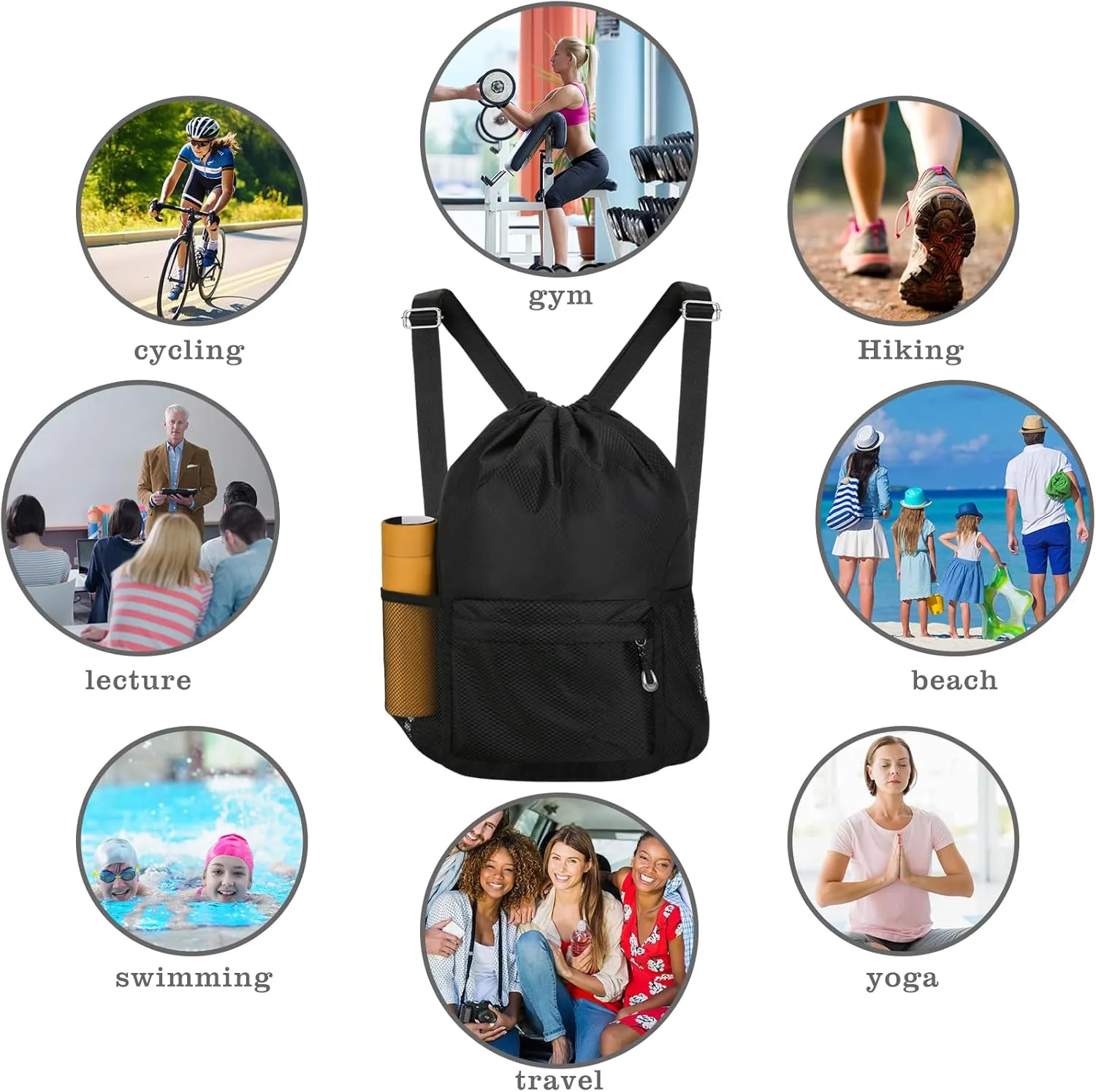 NATURAL STYLE Waterproof Drawstring Bag, Lightweight String Backpack with Water Bottle Holder and Pockets, Gym Sports Cinch Sackpack (Black)