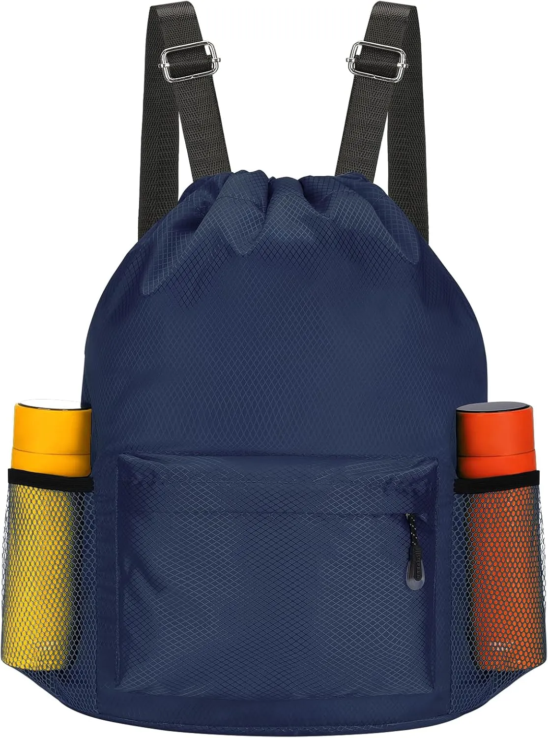 NATURAL STYLE Waterproof Drawstring Bag, Lightweight String Backpack with Water Bottle Holder and Pockets, Gym Sports Cinch Sackpack (Blue)