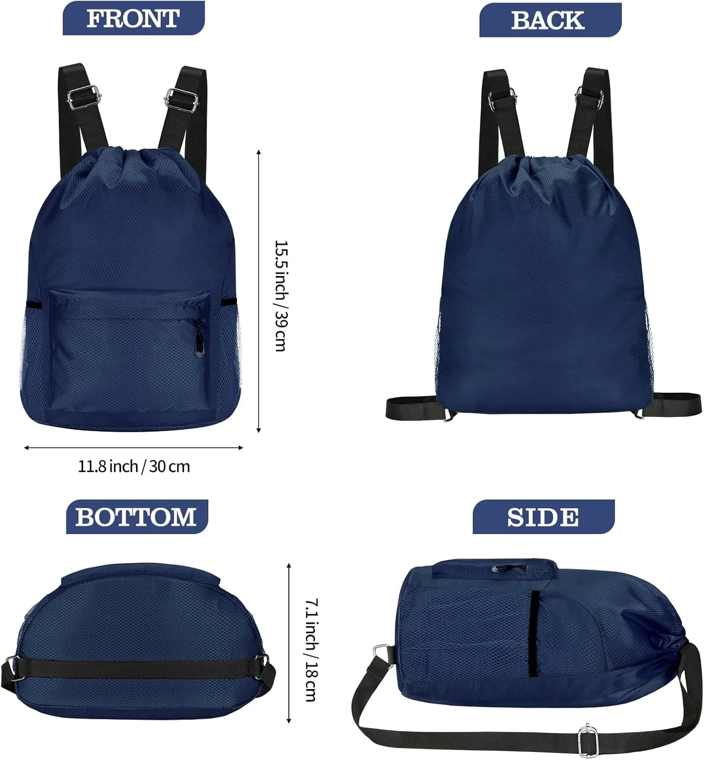 NATURAL STYLE Waterproof Drawstring Bag, Lightweight String Backpack with Water Bottle Holder and Pockets, Gym Sports Cinch Sackpack (Blue)
