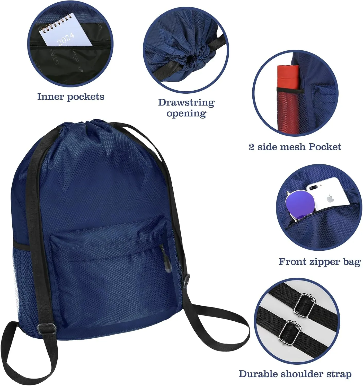 NATURAL STYLE Waterproof Drawstring Bag, Lightweight String Backpack with Water Bottle Holder and Pockets, Gym Sports Cinch Sackpack (Blue)
