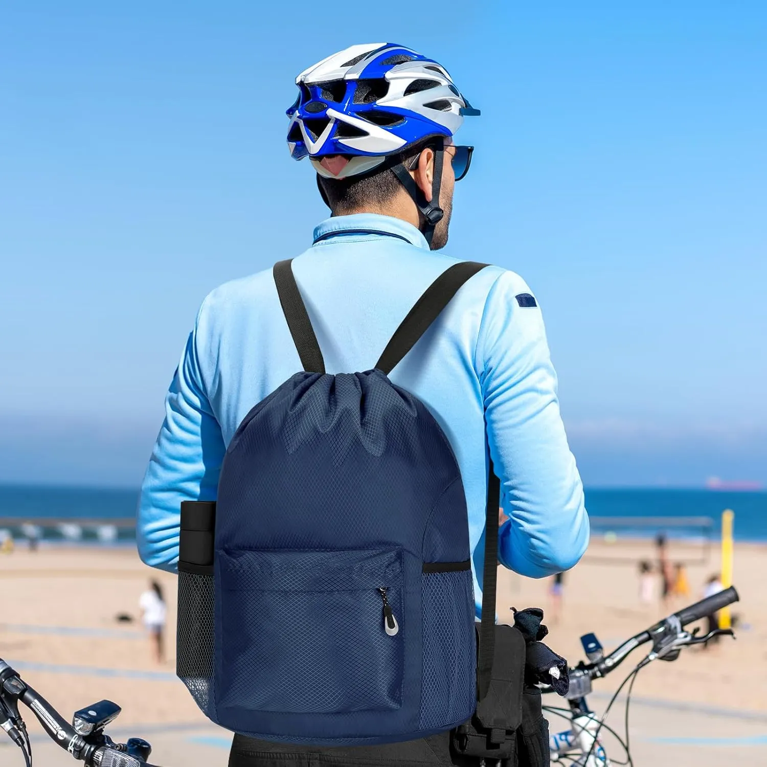 NATURAL STYLE Waterproof Drawstring Bag, Lightweight String Backpack with Water Bottle Holder and Pockets, Gym Sports Cinch Sackpack (Blue)