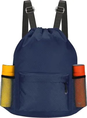 NATURAL STYLE Waterproof Drawstring Bag, Lightweight String Backpack with Water Bottle Holder and Pockets, Gym Sports Cinch Sackpack (Blue)
