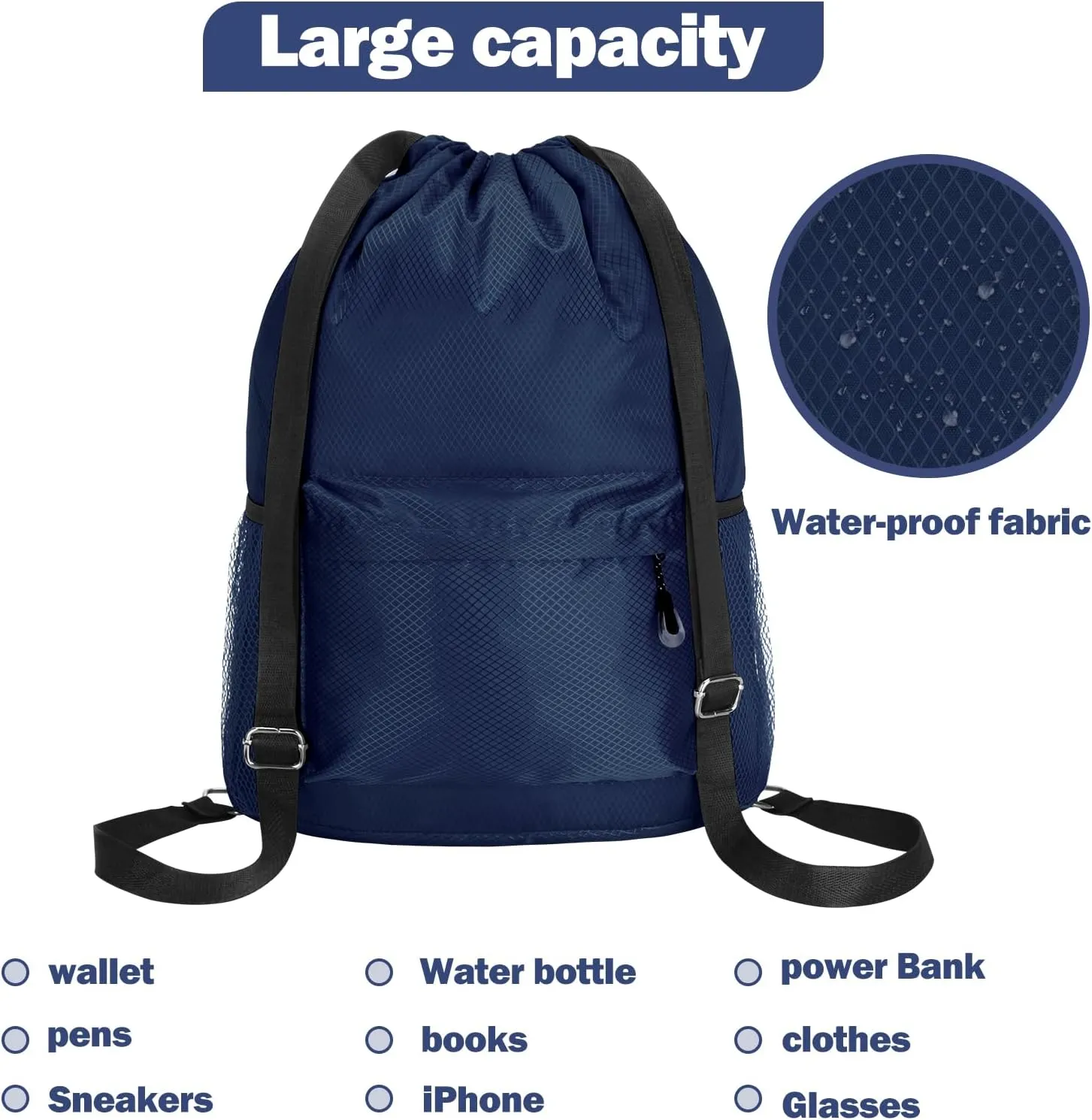 NATURAL STYLE Waterproof Drawstring Bag, Lightweight String Backpack with Water Bottle Holder and Pockets, Gym Sports Cinch Sackpack (Blue)