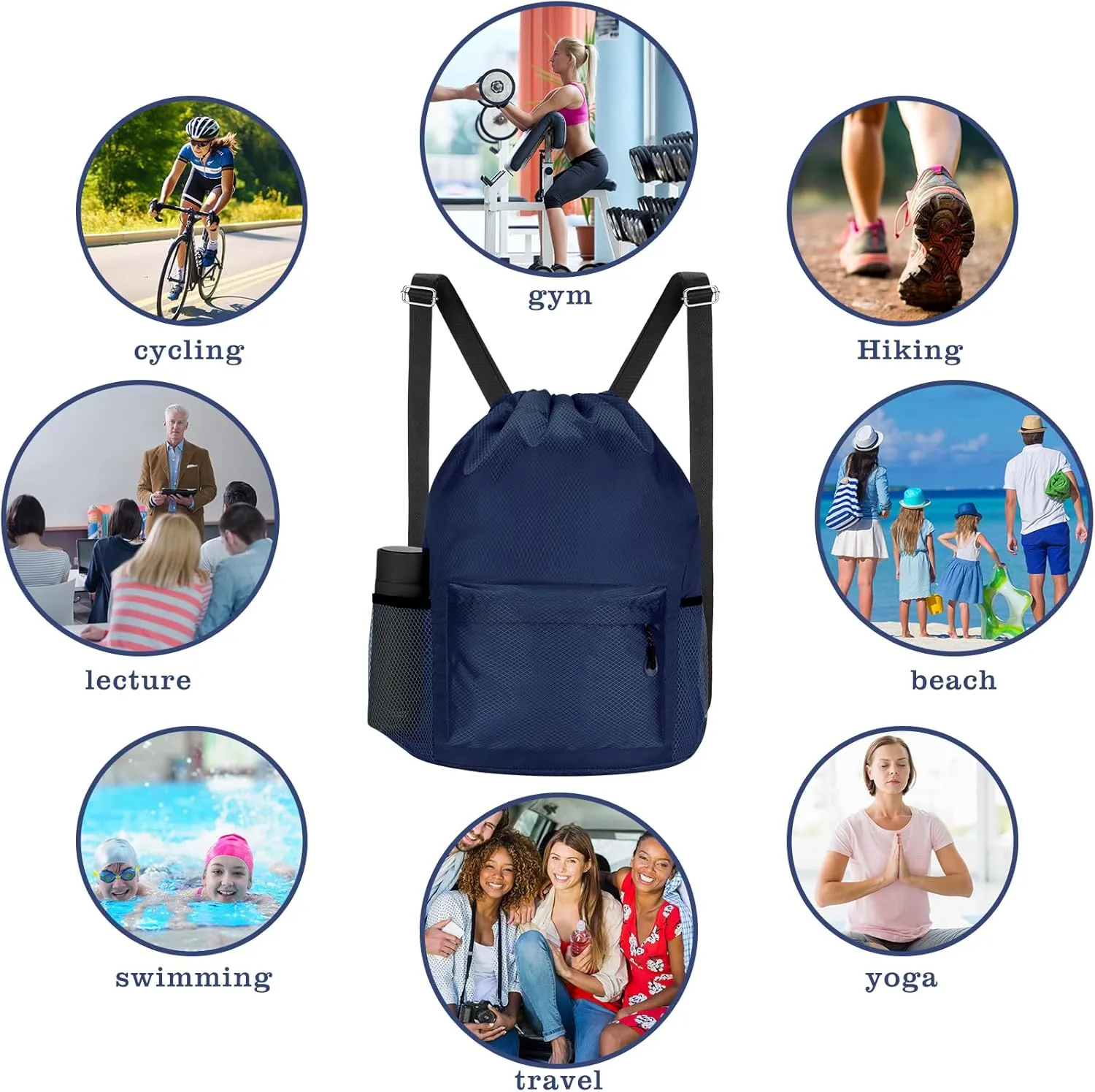 NATURAL STYLE Waterproof Drawstring Bag, Lightweight String Backpack with Water Bottle Holder and Pockets, Gym Sports Cinch Sackpack (Blue)