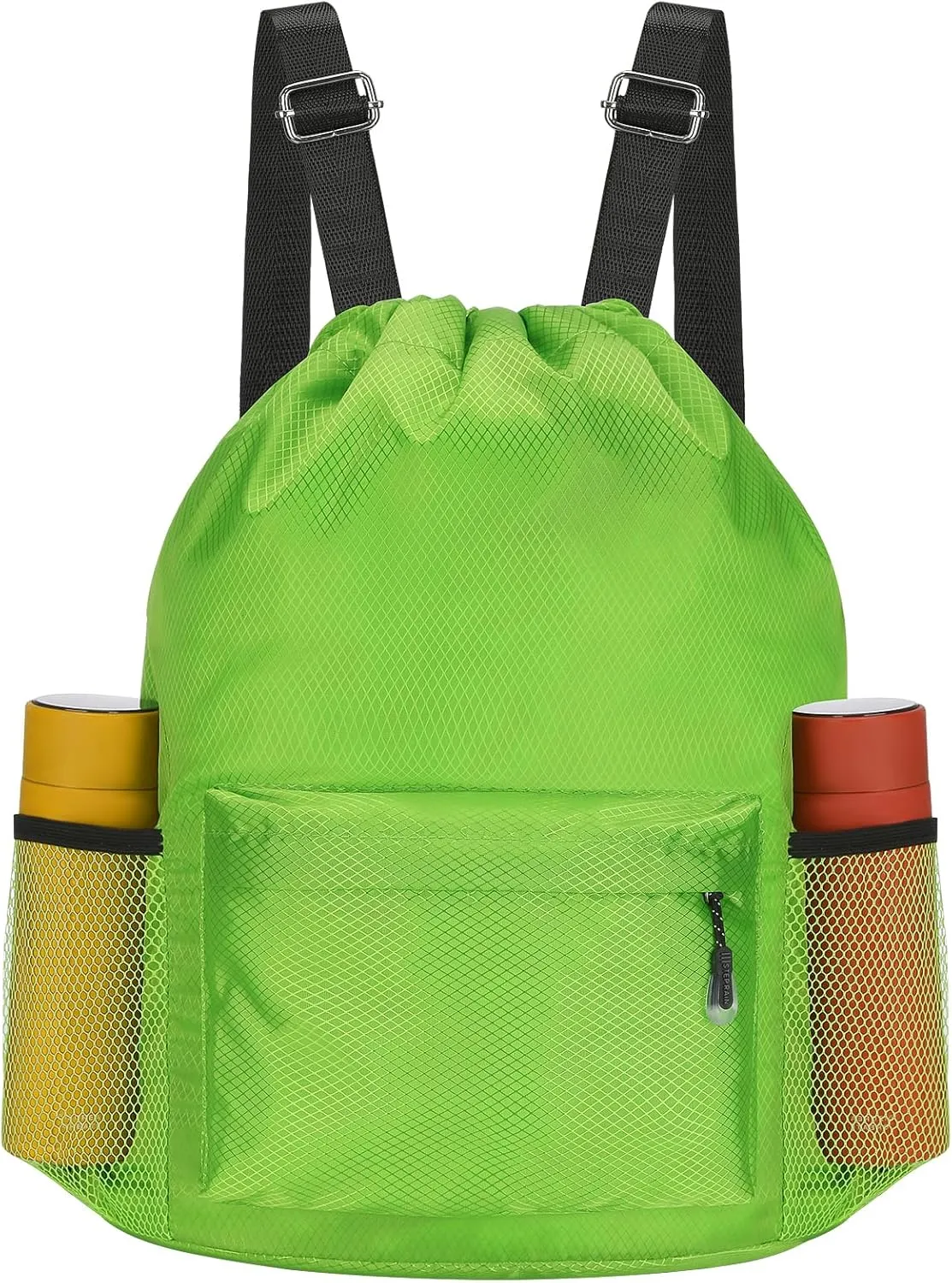 NATURAL STYLE Waterproof Drawstring Bag, Lightweight String Backpack with Water Bottle Holder and Pockets, Gym Sports Cinch Sackpack (Green)