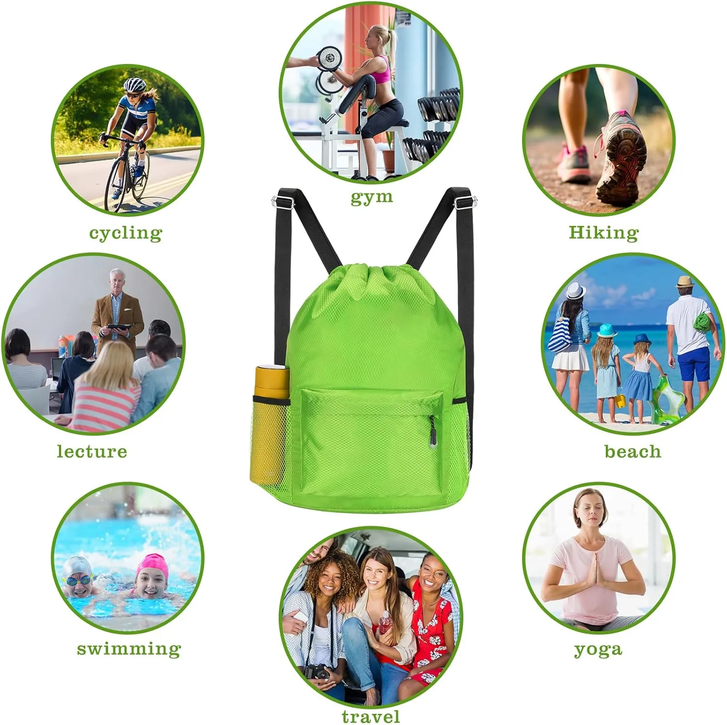 NATURAL STYLE Waterproof Drawstring Bag, Lightweight String Backpack with Water Bottle Holder and Pockets, Gym Sports Cinch Sackpack (Green)