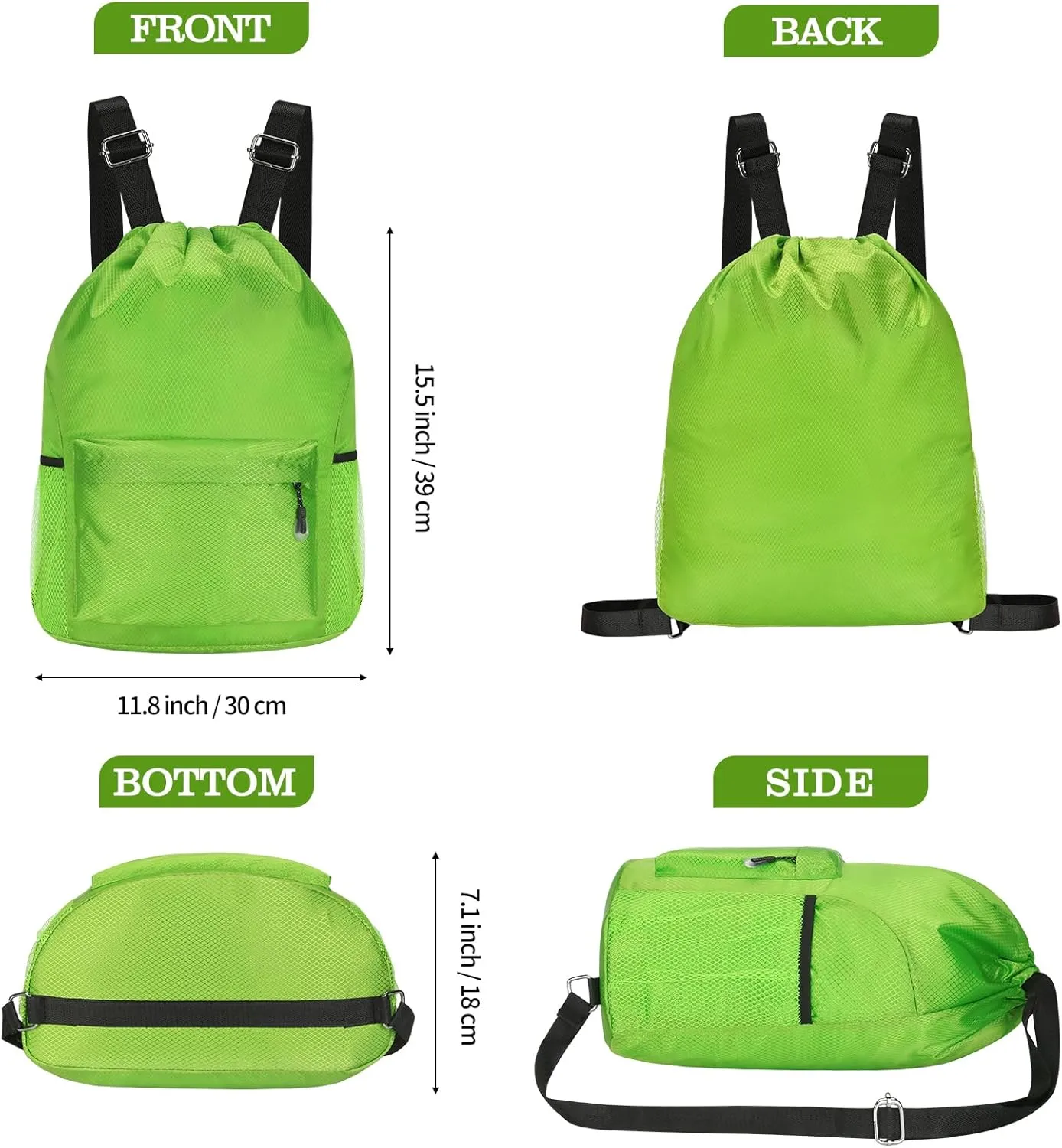 NATURAL STYLE Waterproof Drawstring Bag, Lightweight String Backpack with Water Bottle Holder and Pockets, Gym Sports Cinch Sackpack (Green)
