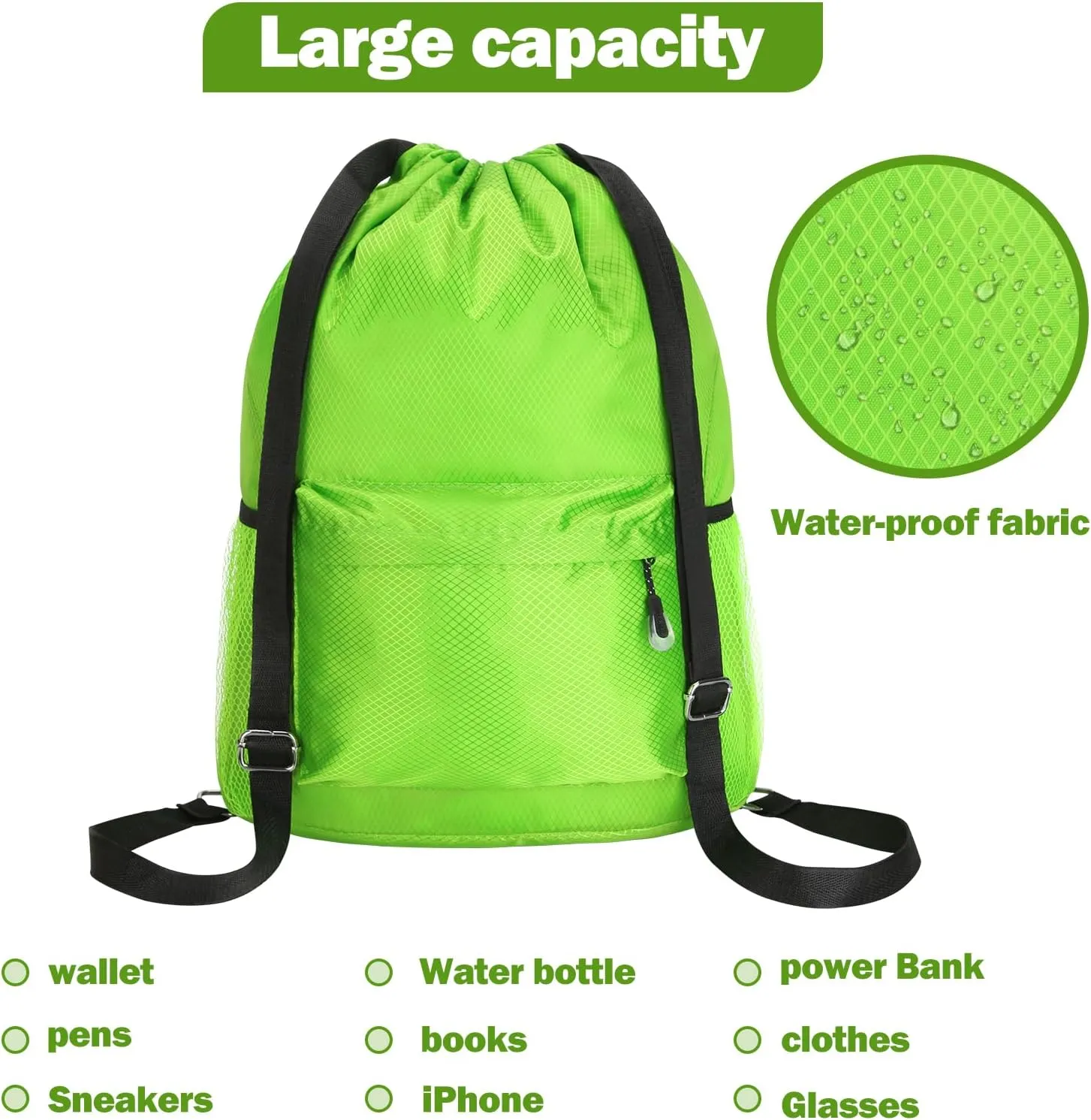 NATURAL STYLE Waterproof Drawstring Bag, Lightweight String Backpack with Water Bottle Holder and Pockets, Gym Sports Cinch Sackpack (Green)