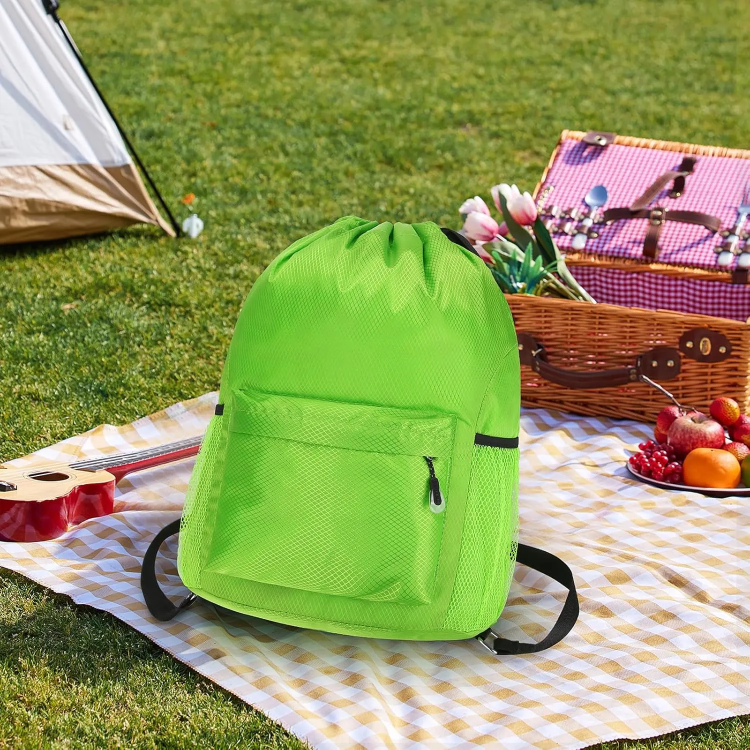 NATURAL STYLE Waterproof Drawstring Bag, Lightweight String Backpack with Water Bottle Holder and Pockets, Gym Sports Cinch Sackpack (Green)