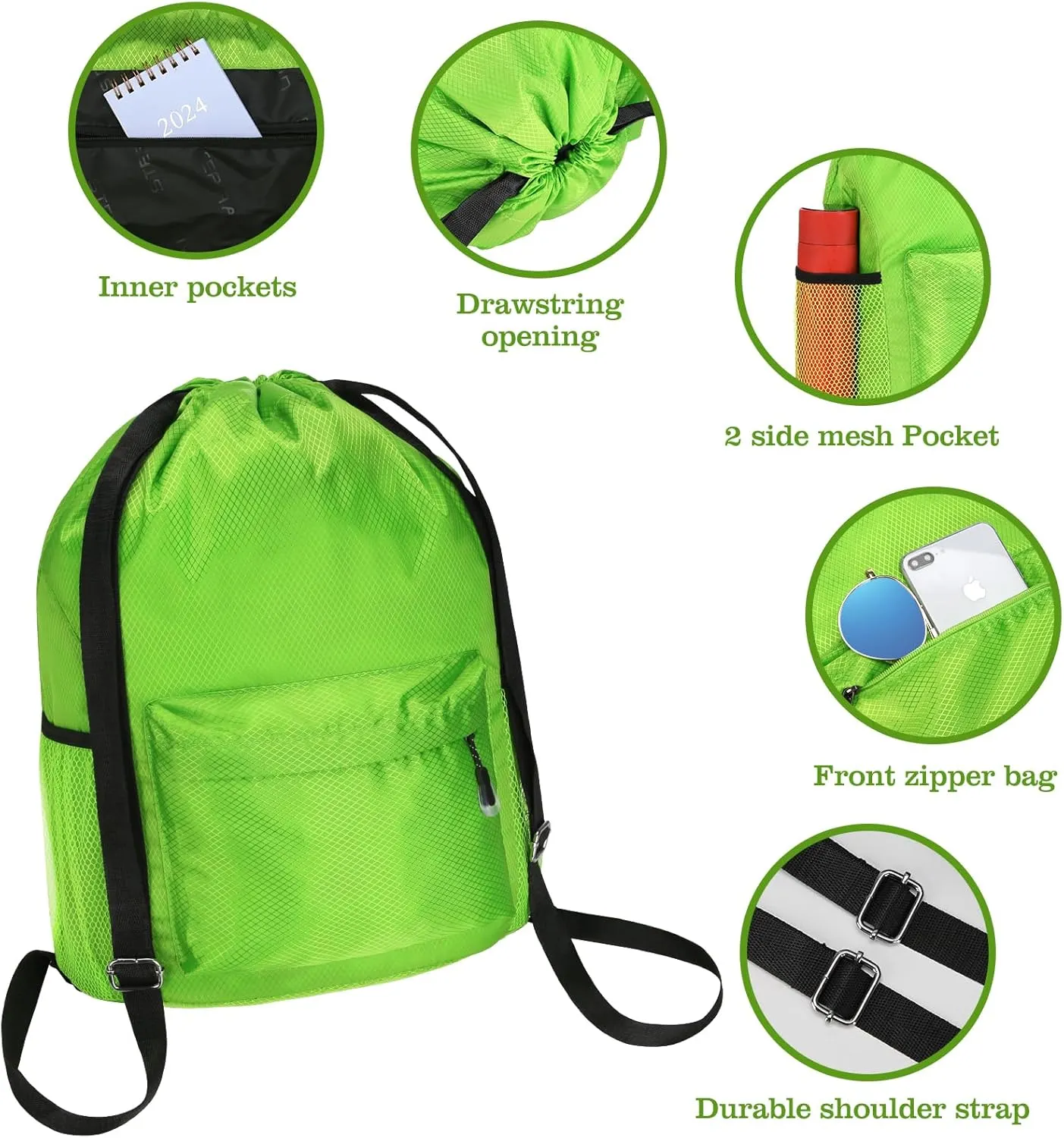 NATURAL STYLE Waterproof Drawstring Bag, Lightweight String Backpack with Water Bottle Holder and Pockets, Gym Sports Cinch Sackpack (Green)