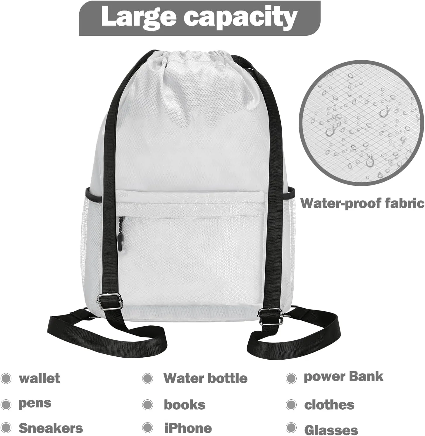 NATURAL STYLE Waterproof Drawstring Bag, Lightweight String Backpack with Water Bottle Holder and Pockets, Gym Sports Cinch Sackpack (Grey)