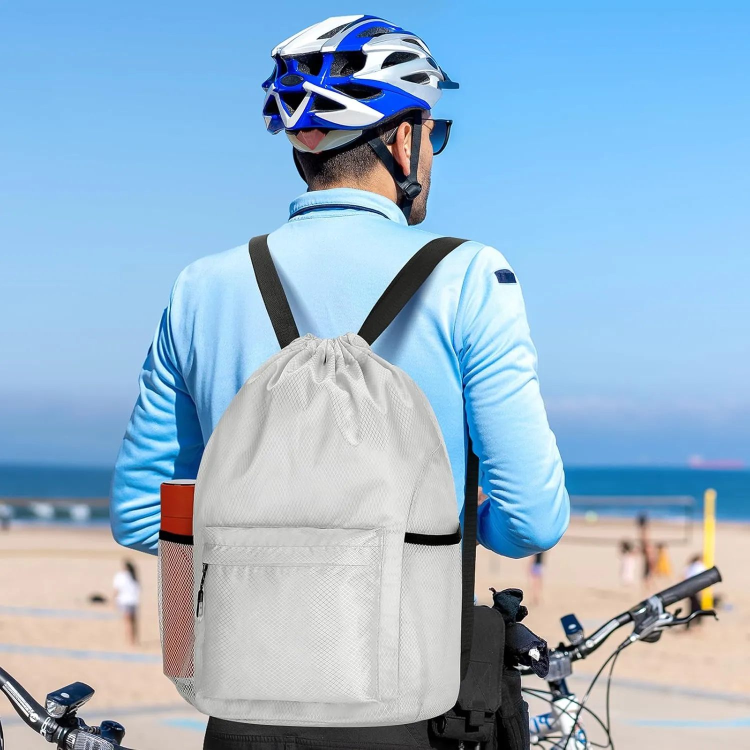 NATURAL STYLE Waterproof Drawstring Bag, Lightweight String Backpack with Water Bottle Holder and Pockets, Gym Sports Cinch Sackpack (Grey)