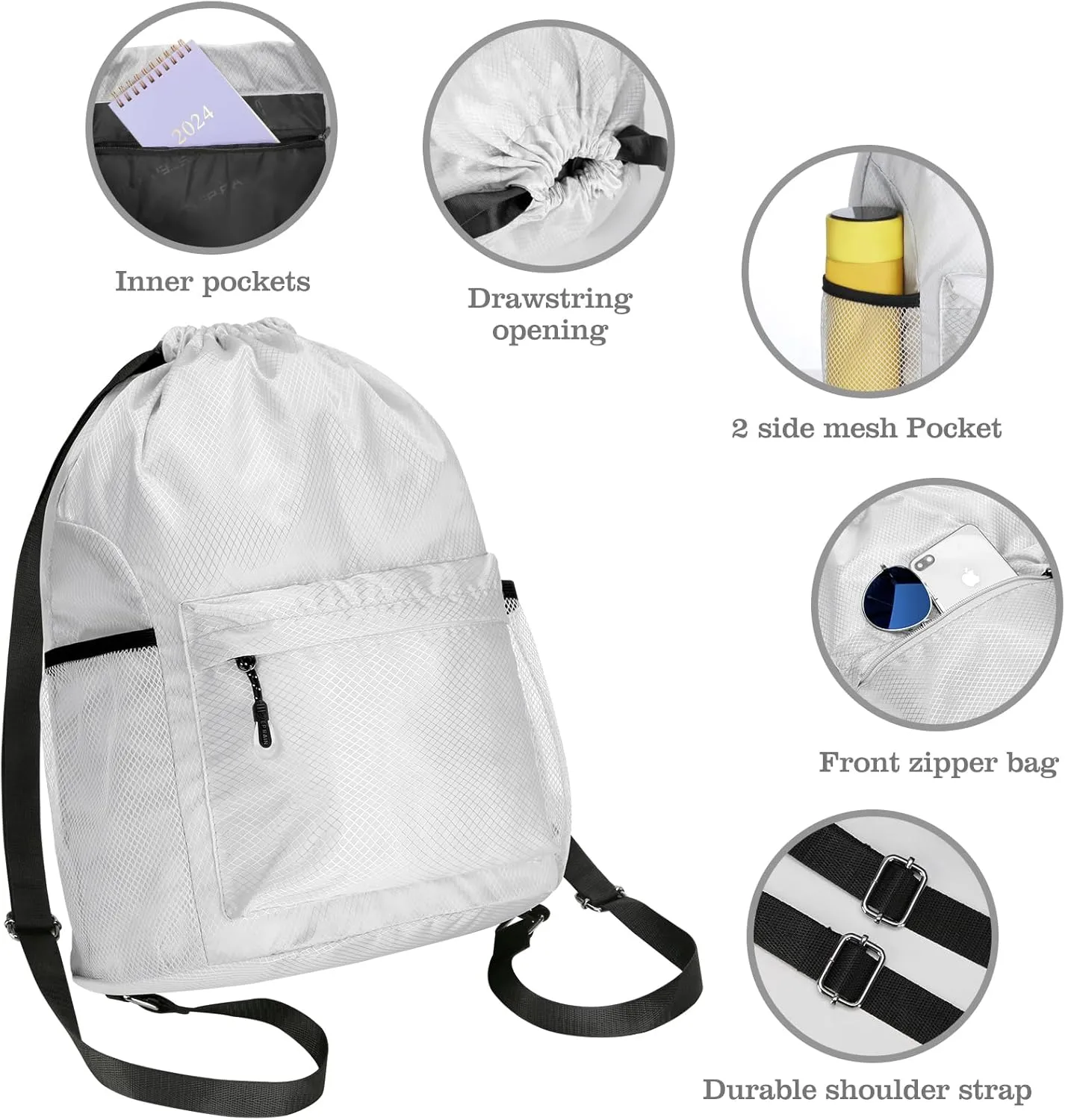NATURAL STYLE Waterproof Drawstring Bag, Lightweight String Backpack with Water Bottle Holder and Pockets, Gym Sports Cinch Sackpack (Grey)