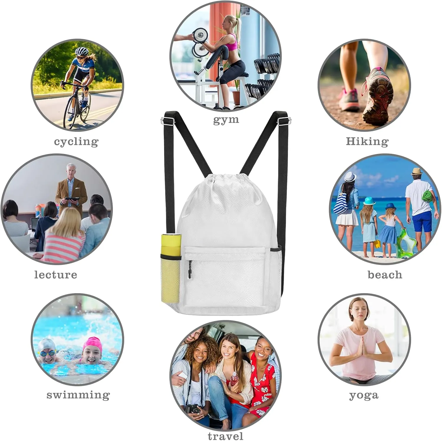 NATURAL STYLE Waterproof Drawstring Bag, Lightweight String Backpack with Water Bottle Holder and Pockets, Gym Sports Cinch Sackpack (Grey)
