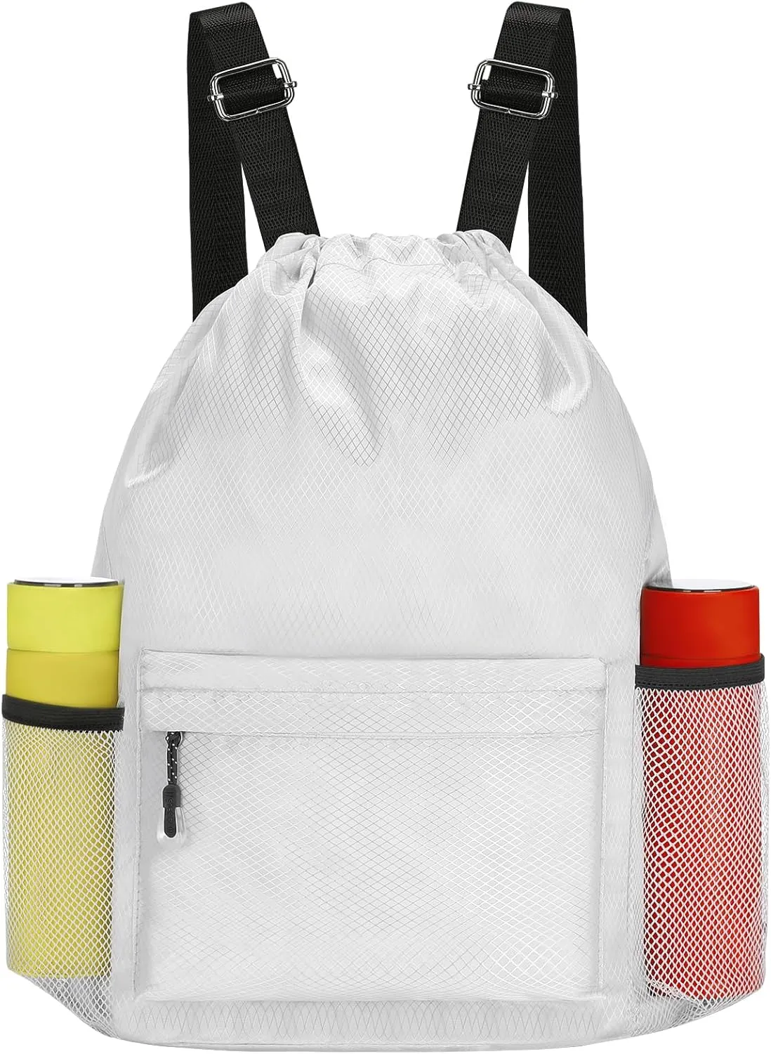 NATURAL STYLE Waterproof Drawstring Bag, Lightweight String Backpack with Water Bottle Holder and Pockets, Gym Sports Cinch Sackpack (Grey)