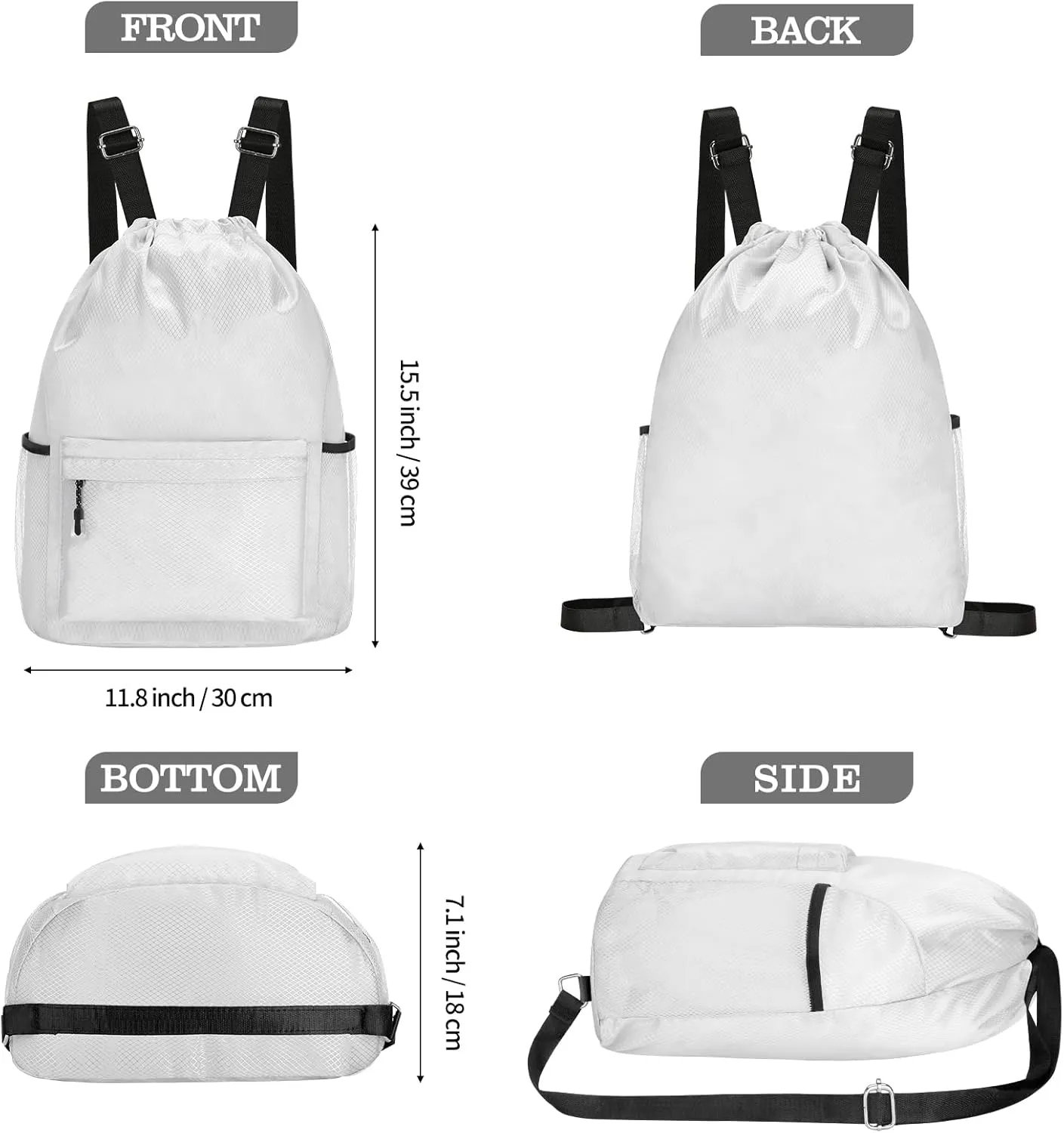 NATURAL STYLE Waterproof Drawstring Bag, Lightweight String Backpack with Water Bottle Holder and Pockets, Gym Sports Cinch Sackpack (Grey)
