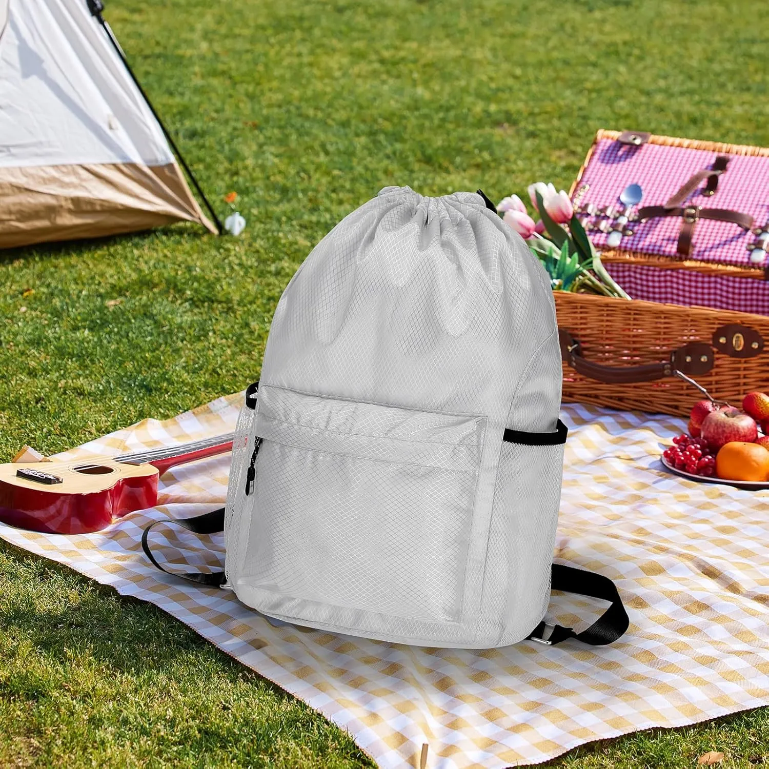 NATURAL STYLE Waterproof Drawstring Bag, Lightweight String Backpack with Water Bottle Holder and Pockets, Gym Sports Cinch Sackpack (Grey)