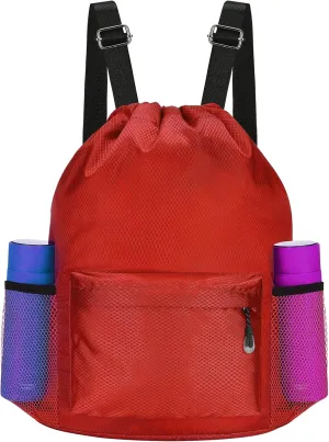 NATURAL STYLE Waterproof Drawstring Bag, Lightweight String Backpack with Water Bottle Holder and Pockets, Gym Sports Cinch Sackpack (Red)