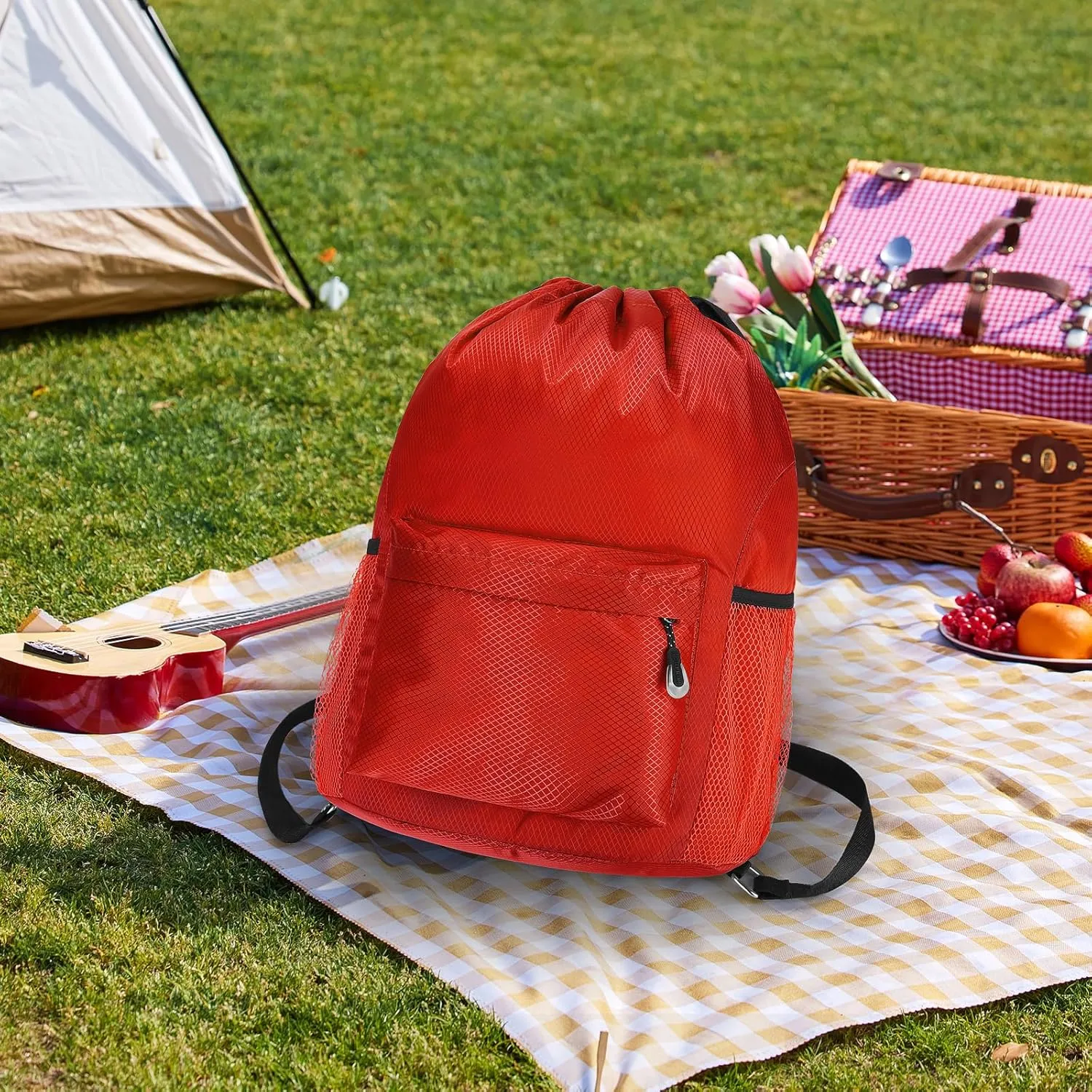 NATURAL STYLE Waterproof Drawstring Bag, Lightweight String Backpack with Water Bottle Holder and Pockets, Gym Sports Cinch Sackpack (Red)