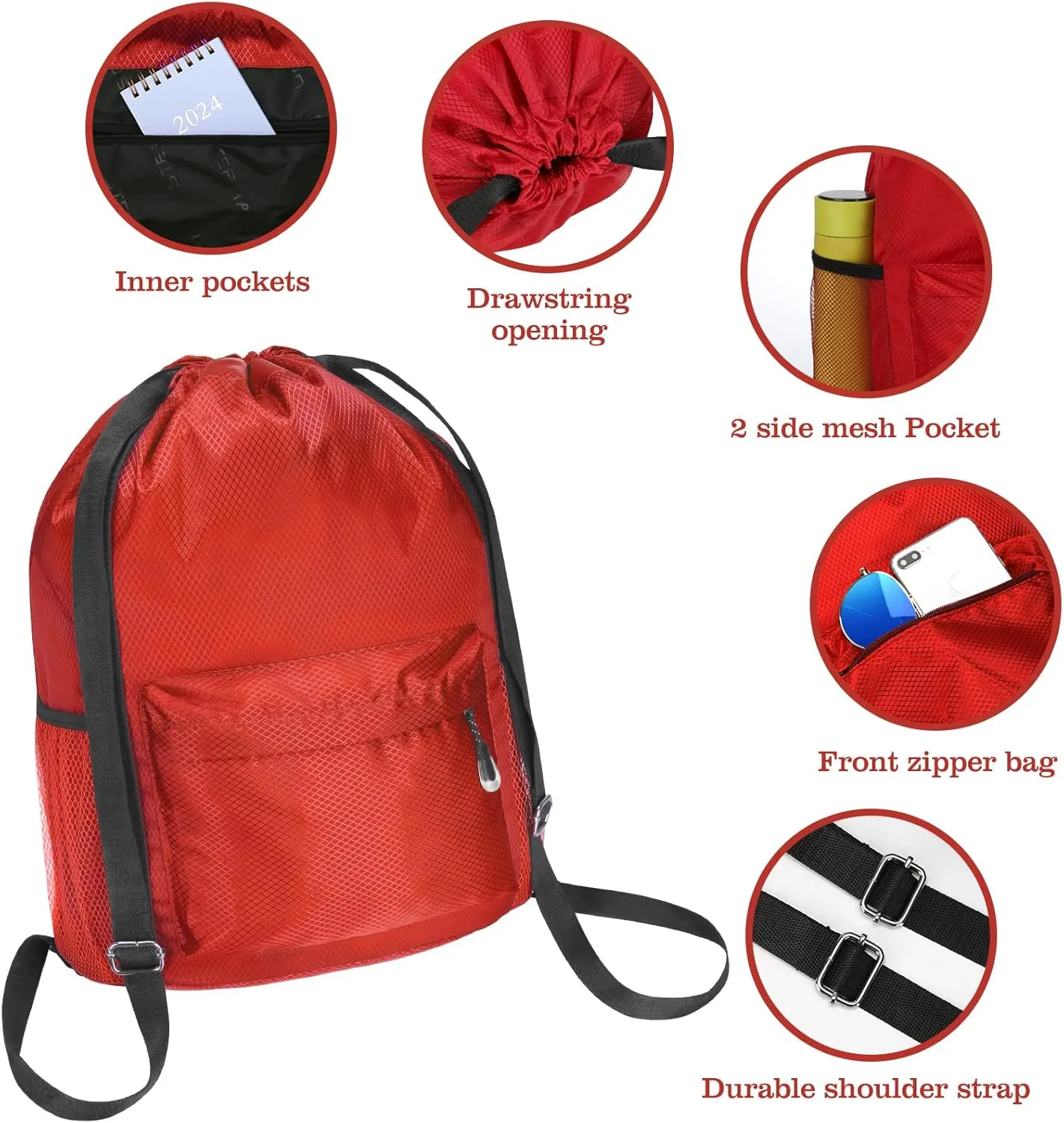 NATURAL STYLE Waterproof Drawstring Bag, Lightweight String Backpack with Water Bottle Holder and Pockets, Gym Sports Cinch Sackpack (Red)