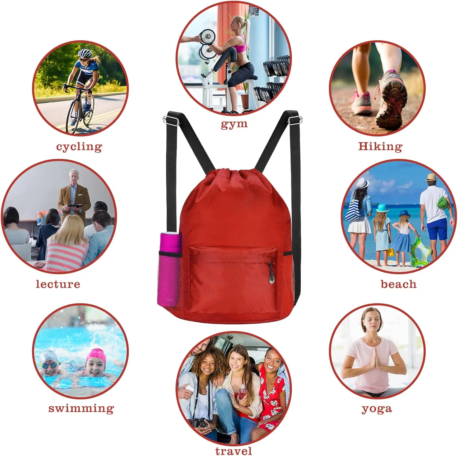 NATURAL STYLE Waterproof Drawstring Bag, Lightweight String Backpack with Water Bottle Holder and Pockets, Gym Sports Cinch Sackpack (Red)