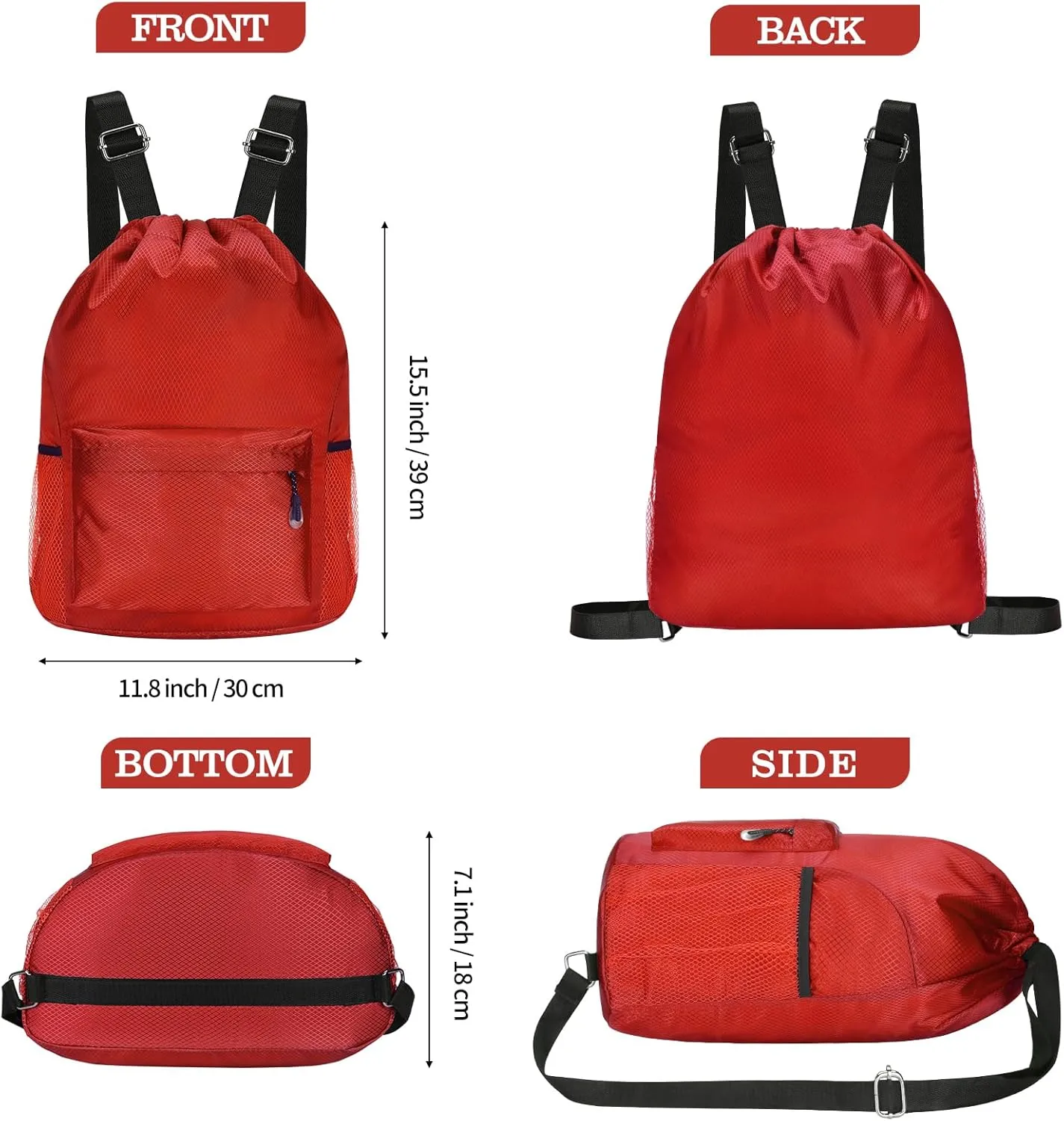 NATURAL STYLE Waterproof Drawstring Bag, Lightweight String Backpack with Water Bottle Holder and Pockets, Gym Sports Cinch Sackpack (Red)