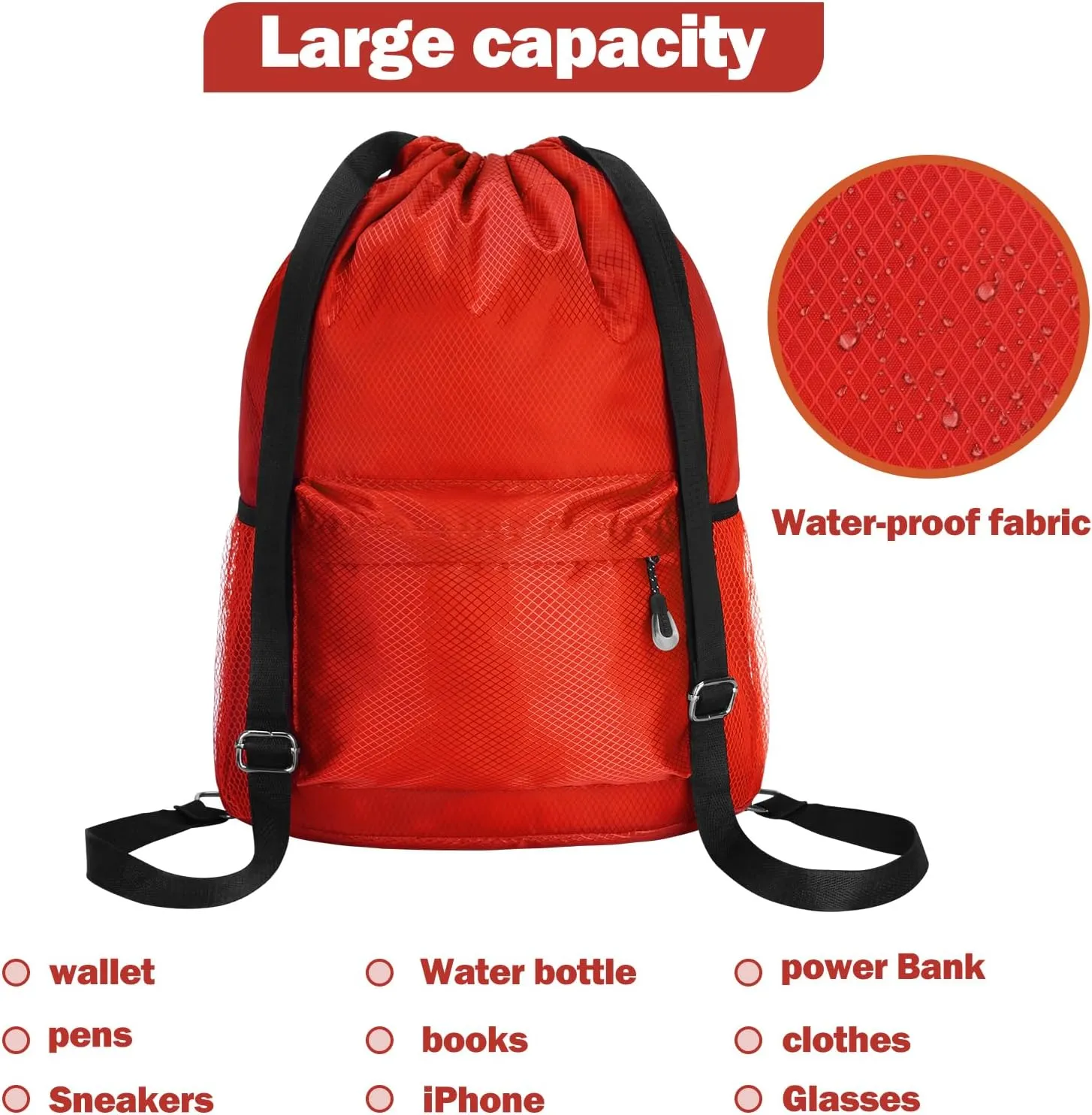 NATURAL STYLE Waterproof Drawstring Bag, Lightweight String Backpack with Water Bottle Holder and Pockets, Gym Sports Cinch Sackpack (Red)